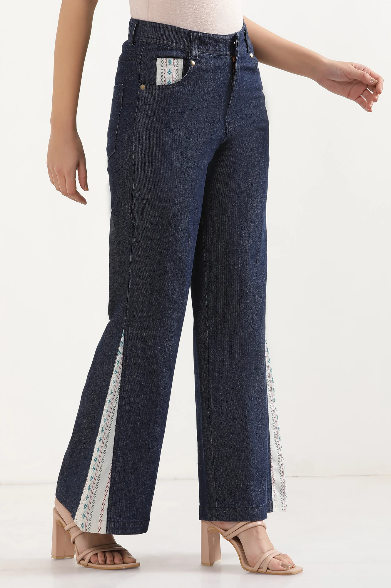 Blue Solid Flared Denim Palazzo With Printed Side Inserts - Image 5