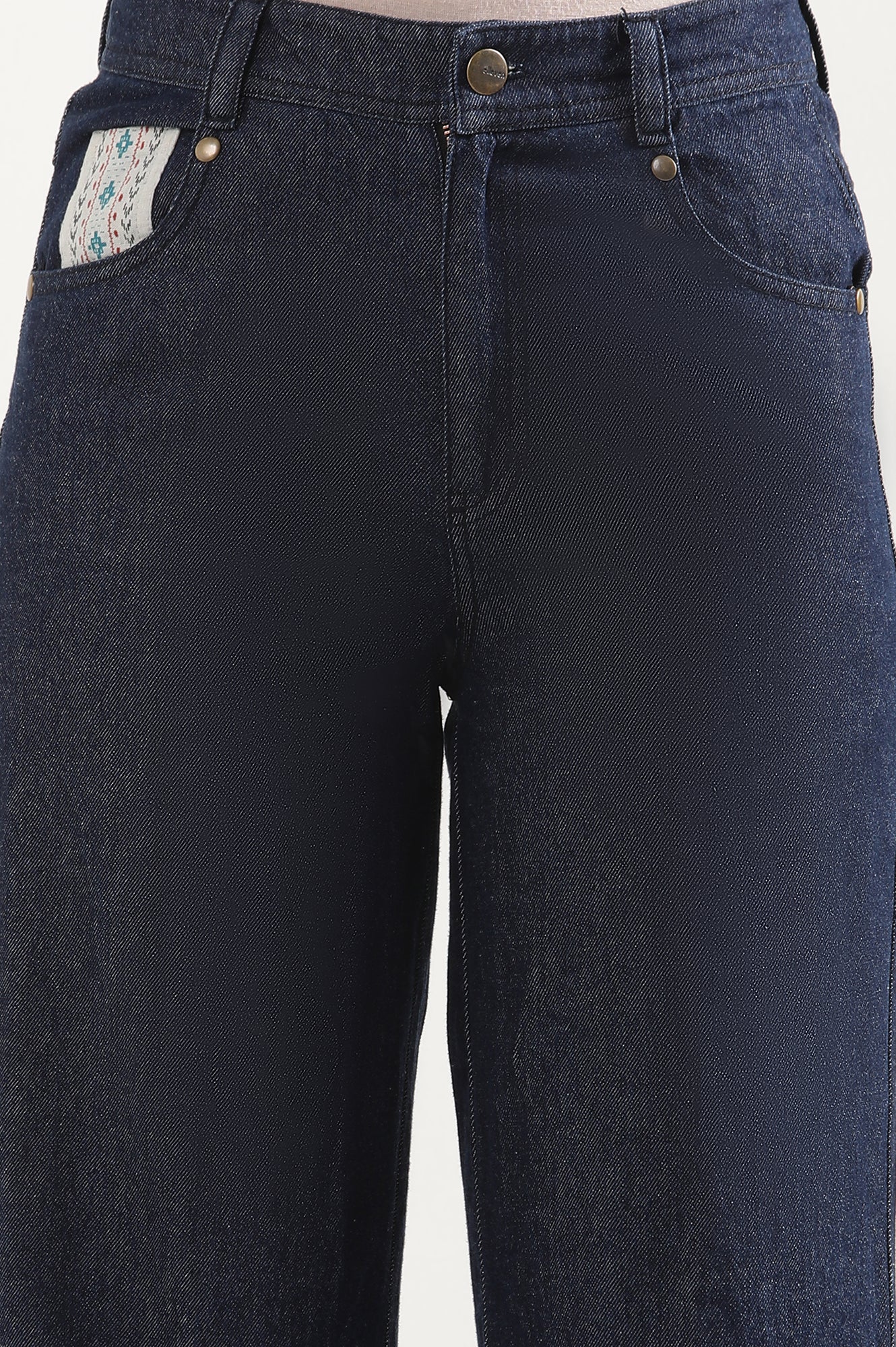Blue Solid Flared Denim Palazzo With Printed Side Inserts - Image 6