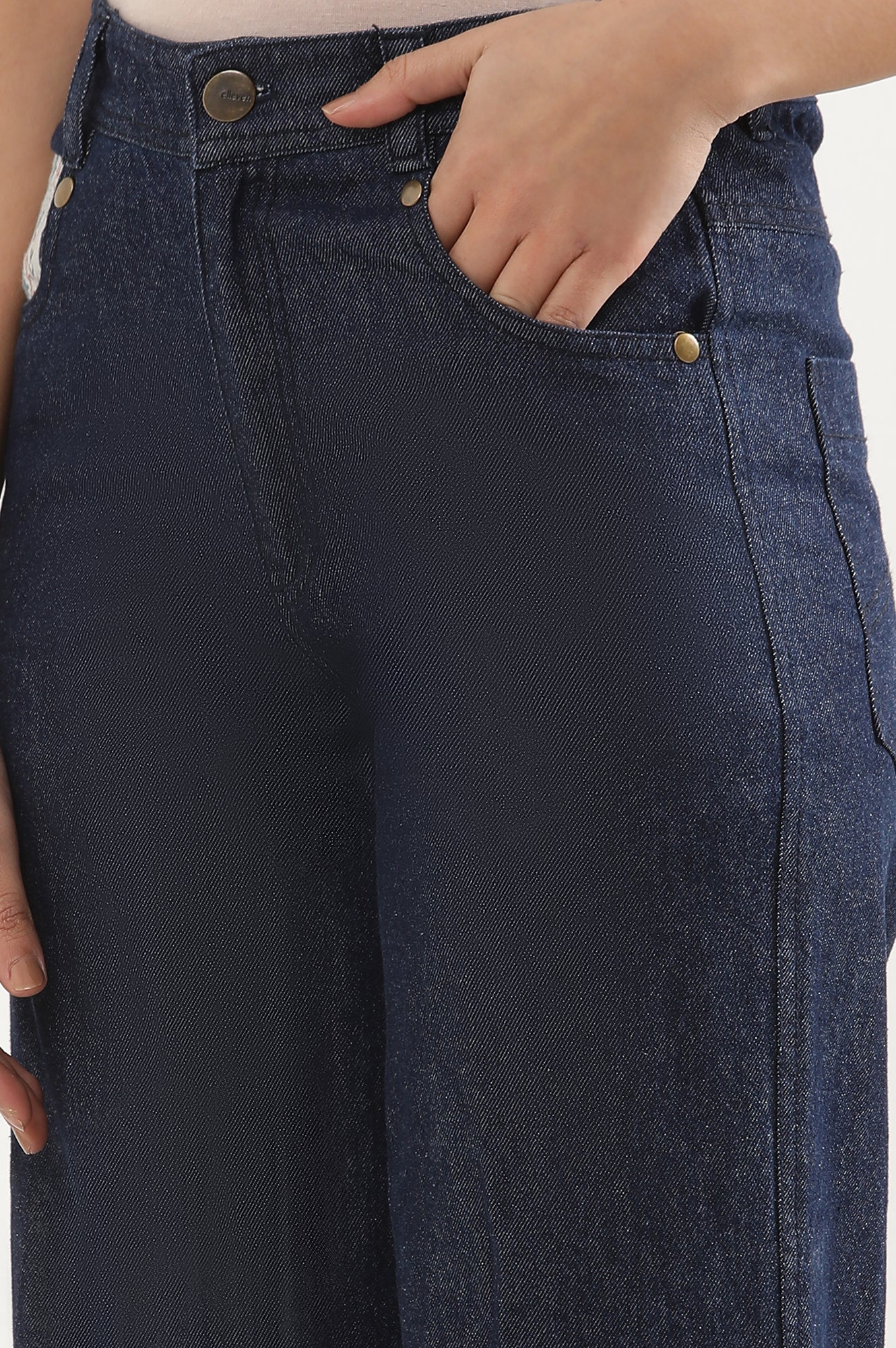Blue Solid Flared Denim Palazzo With Printed Side Inserts - Image 7