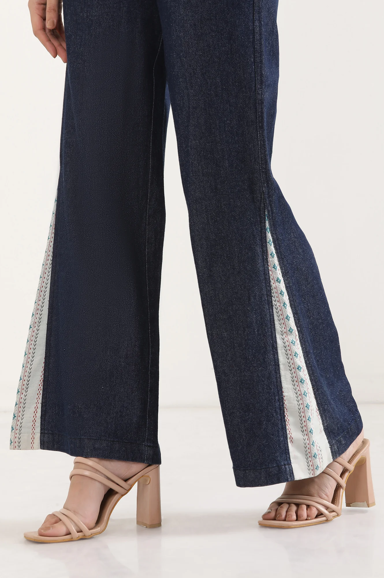 Blue Solid Flared Denim Palazzo With Printed Side Inserts - Image 8