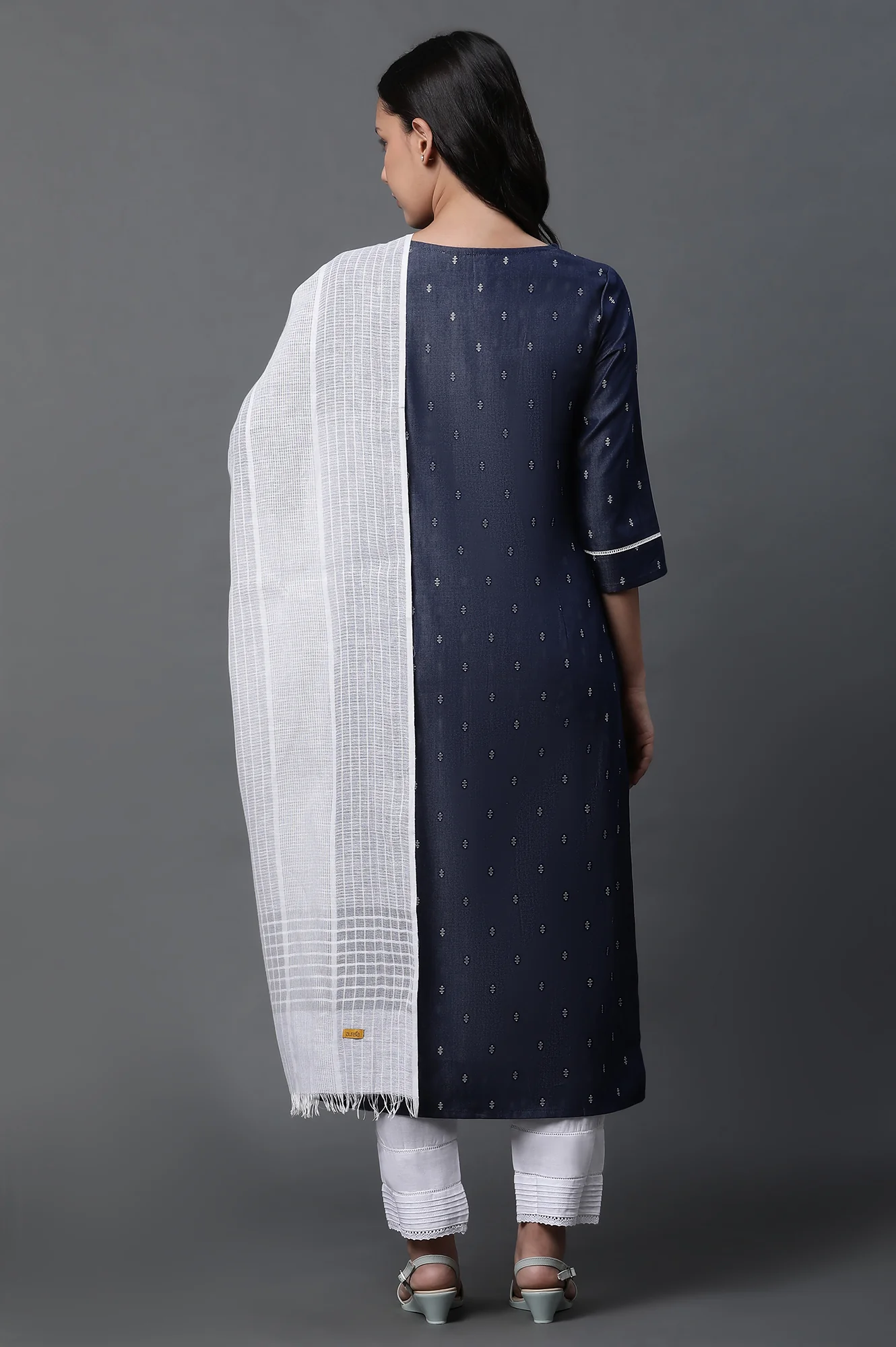Blue Denim Kurta, Trousers and Dupatta Set - Image 4
