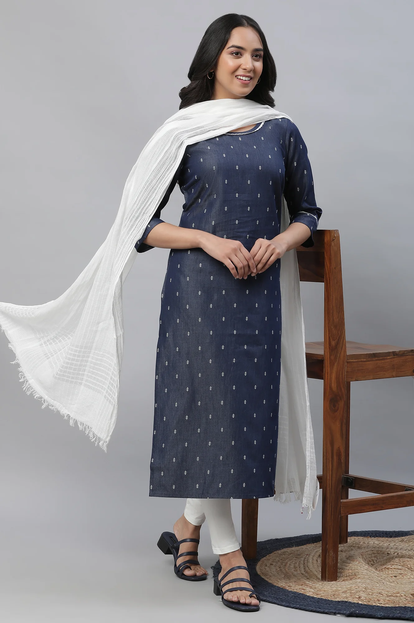Blue Denim Kurta with Lace Patch - Image 5