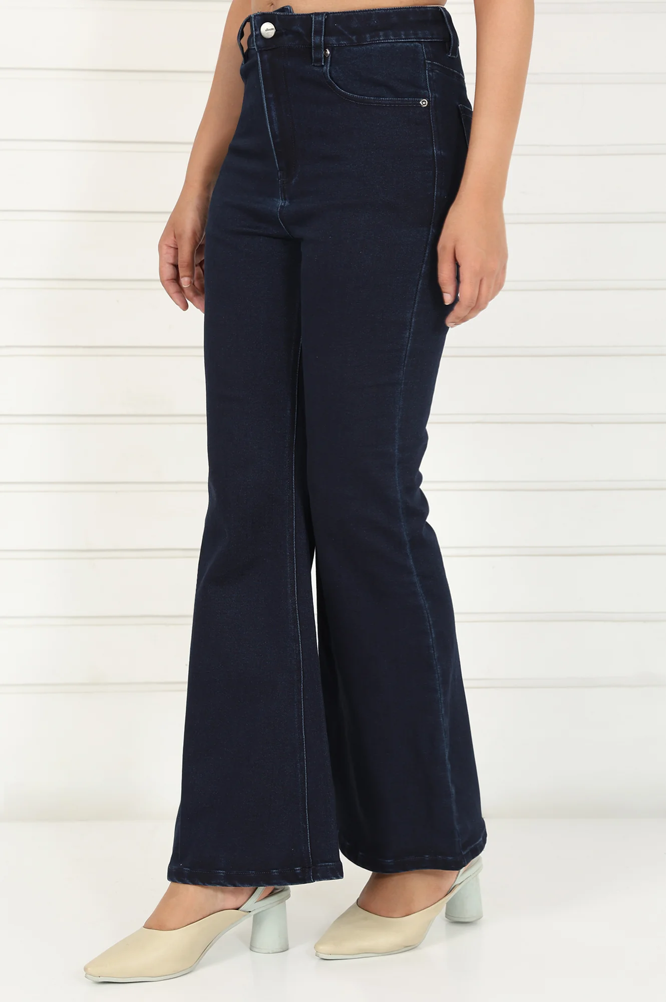 Blue Denim Lycra Mid Rise Ankle Length Flared Pants with YKK Zipper - Image 3