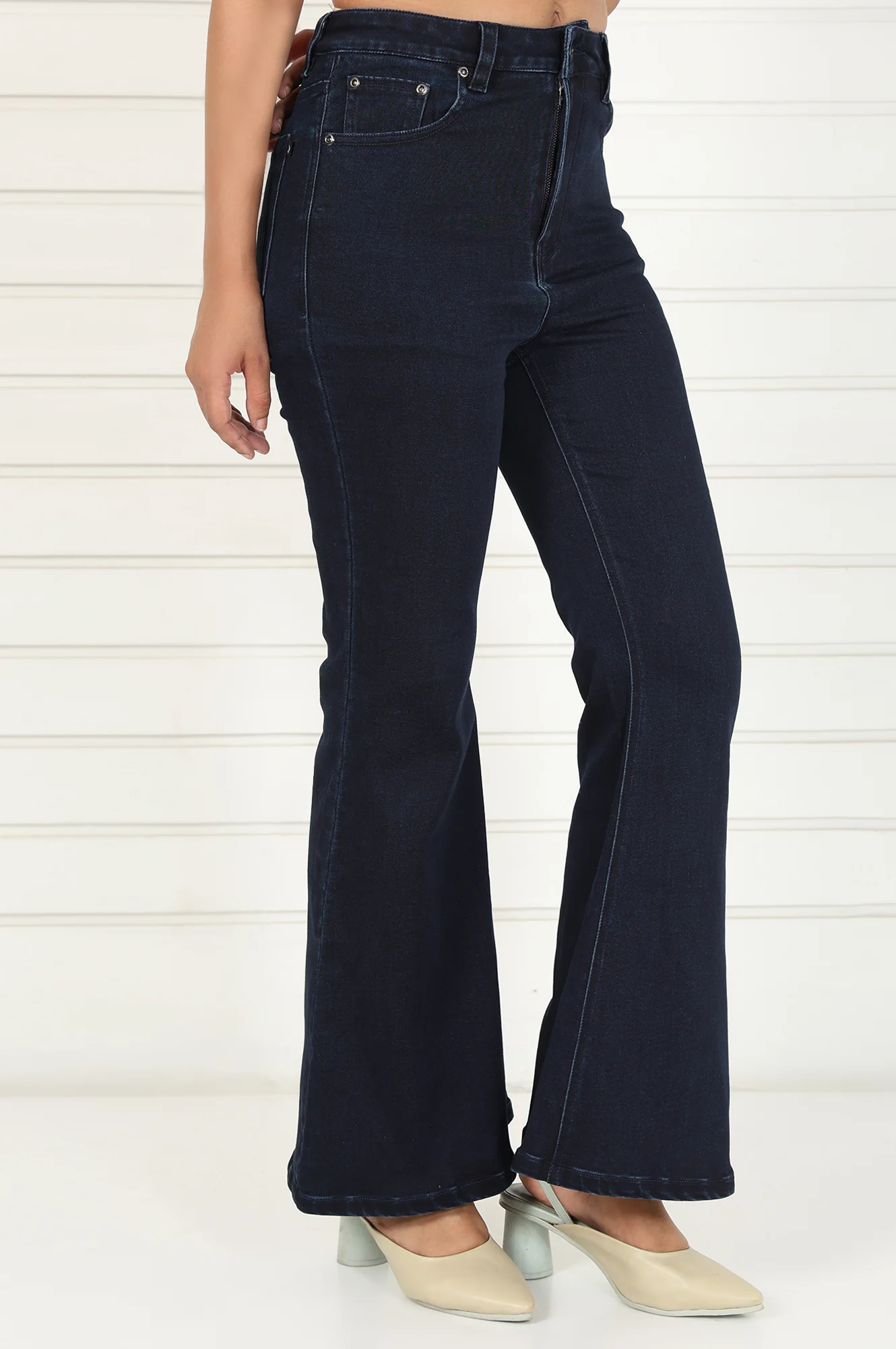 Blue Denim Lycra Mid Rise Ankle Length Flared Pants with YKK Zipper - Image 5