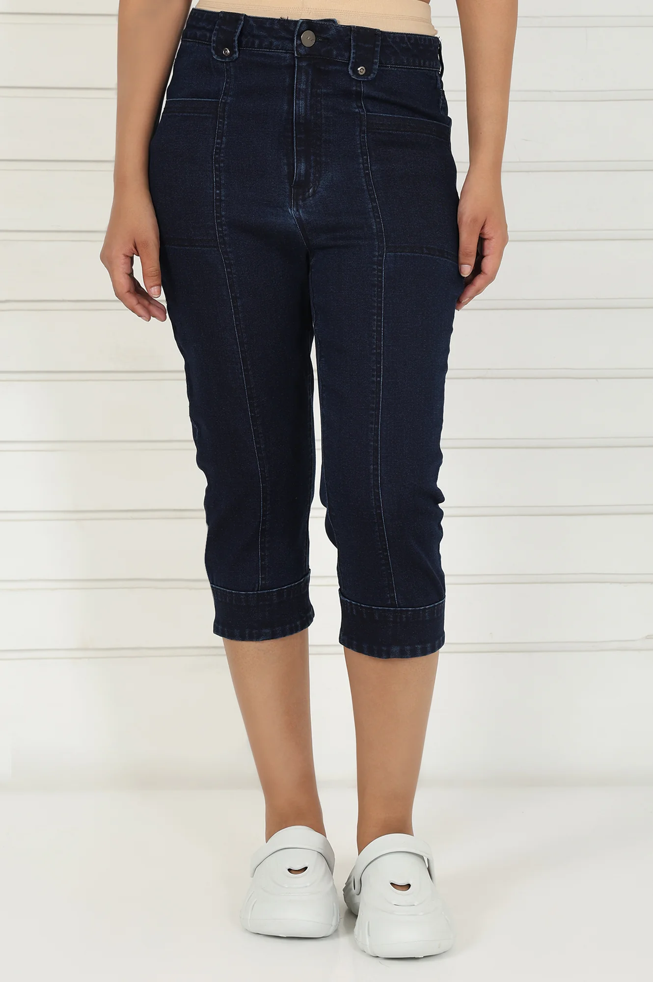 Blue Denim Lycra Mid Rise Calf Length Capri with YKK Zipper - Image 2