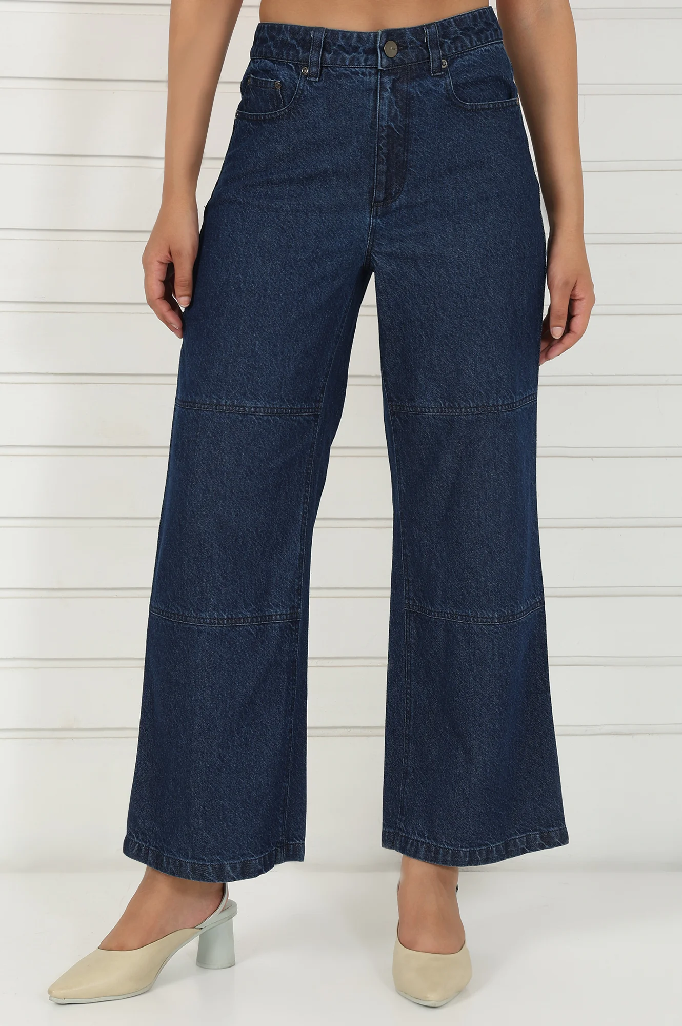 Blue Denim Mid Rise Ankle Length Flared Pants with YKK Zipper - Image 2