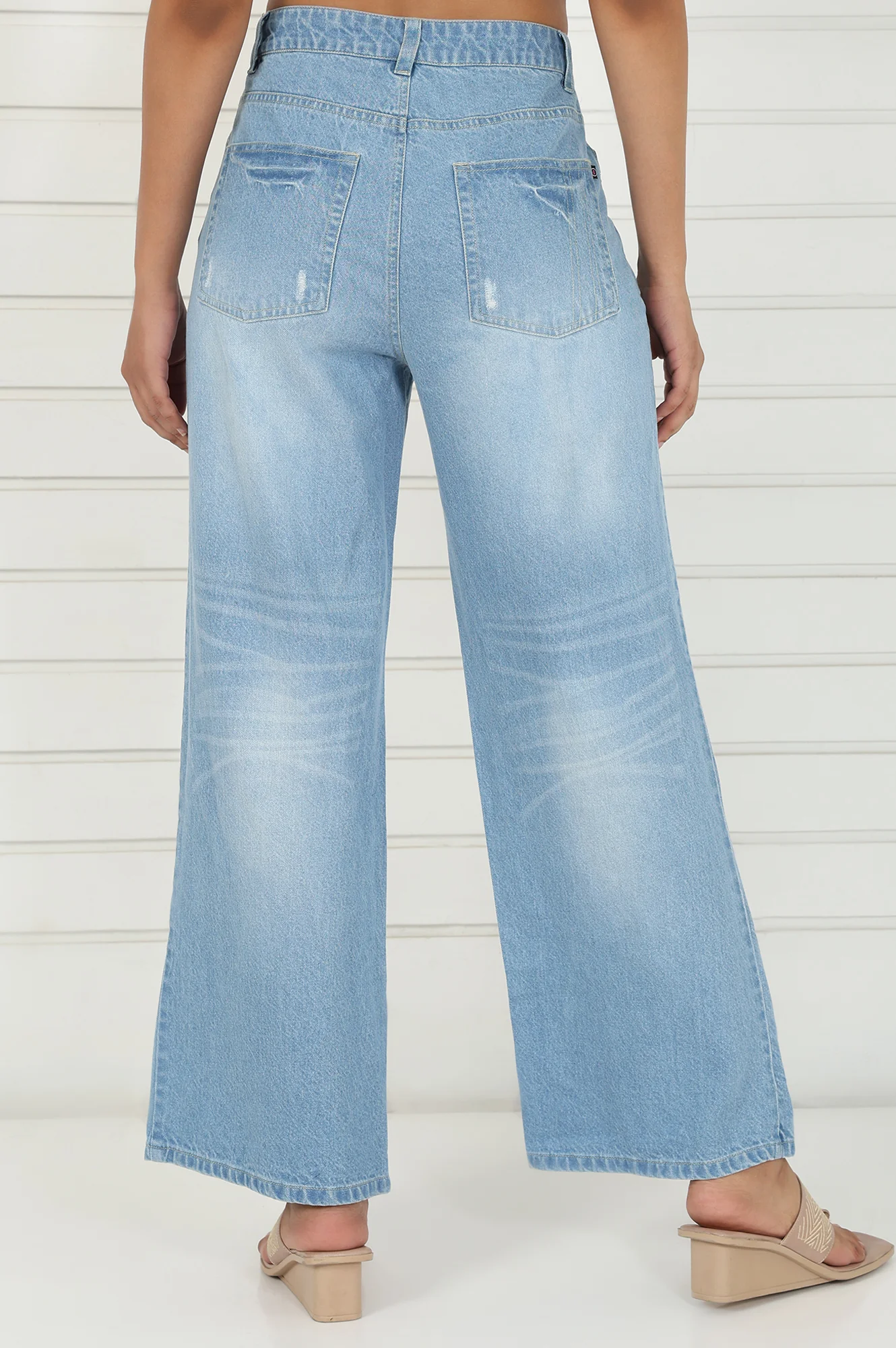 Blue Denim Mid Rise Ankle Length Flared Pants with YKK Zipper - Image 4