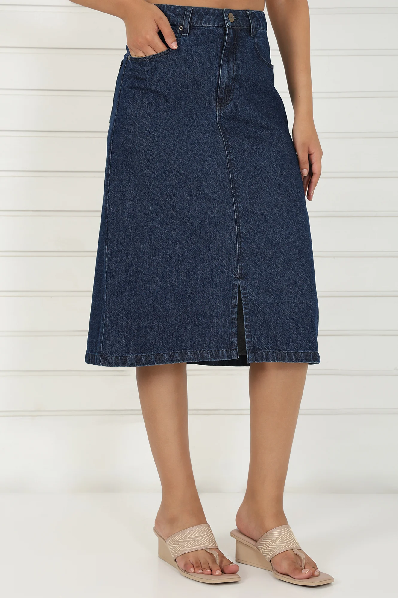 Blue Denim Mid Rise Calf Length Skirt with YKK Zipper - Image 5