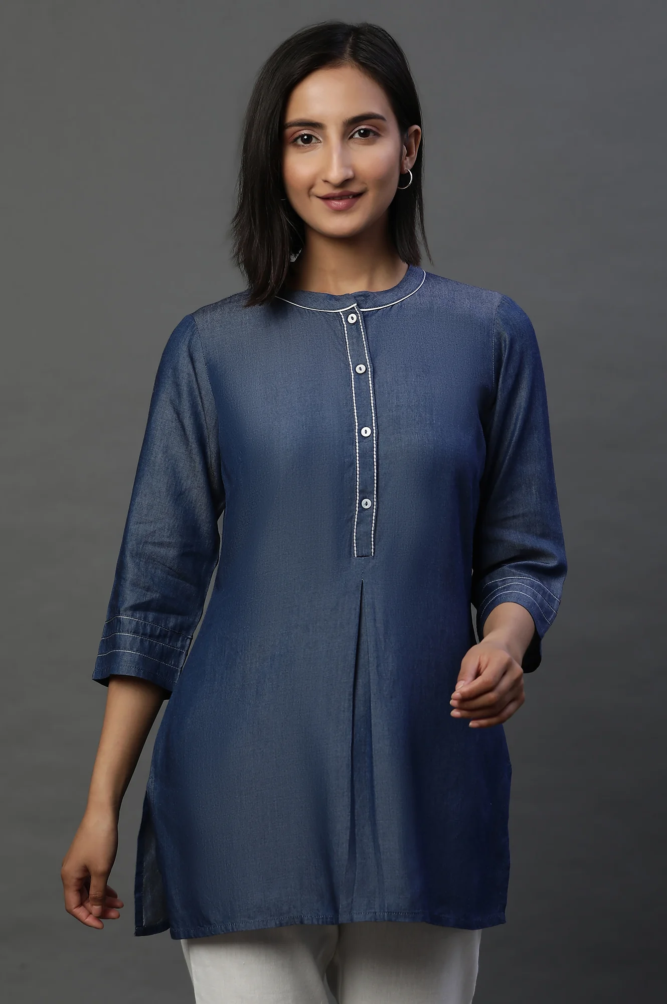 Blue Denim Solid Short Kurti