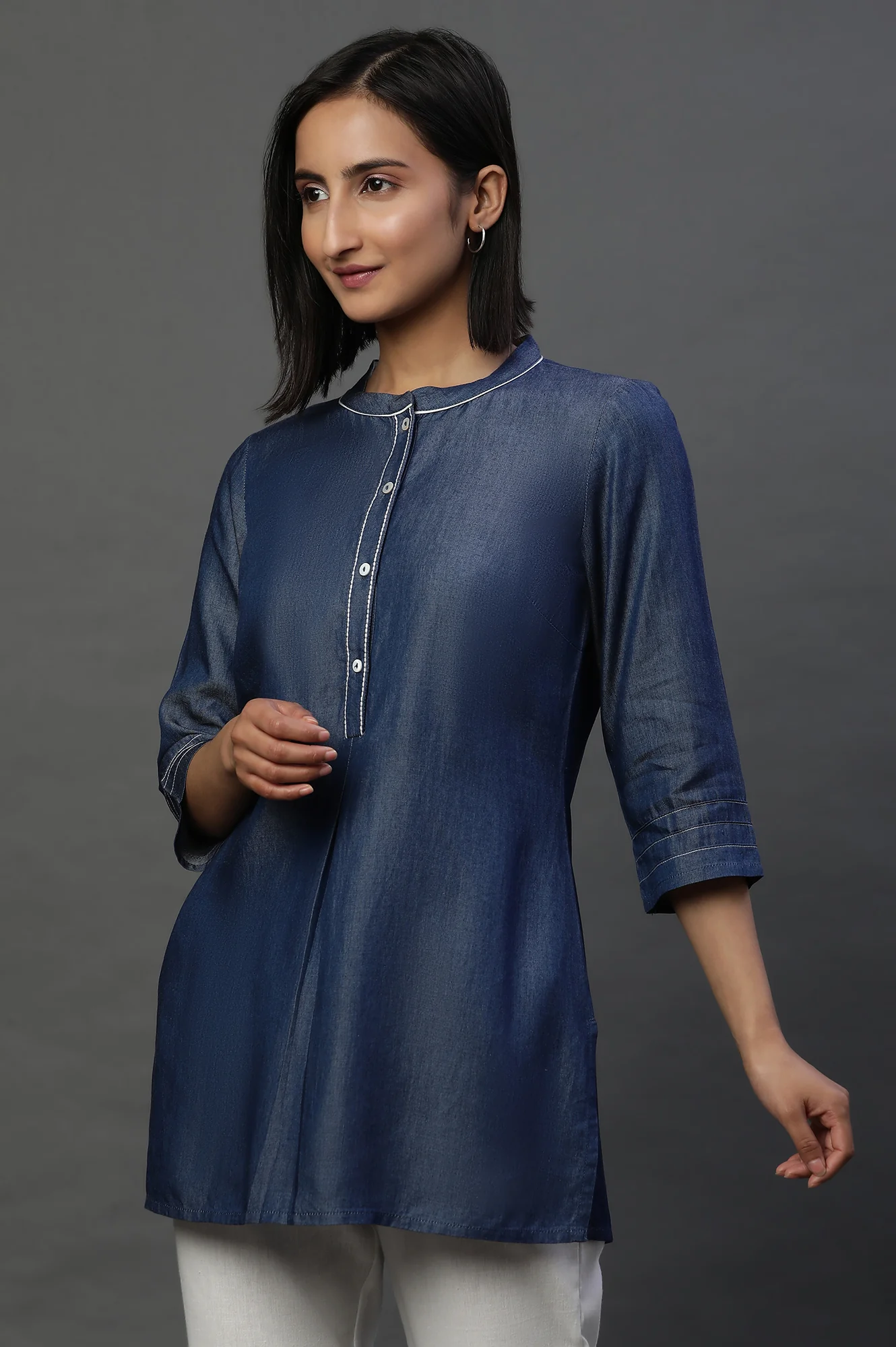 Blue Denim Solid Short Kurti - Image 2