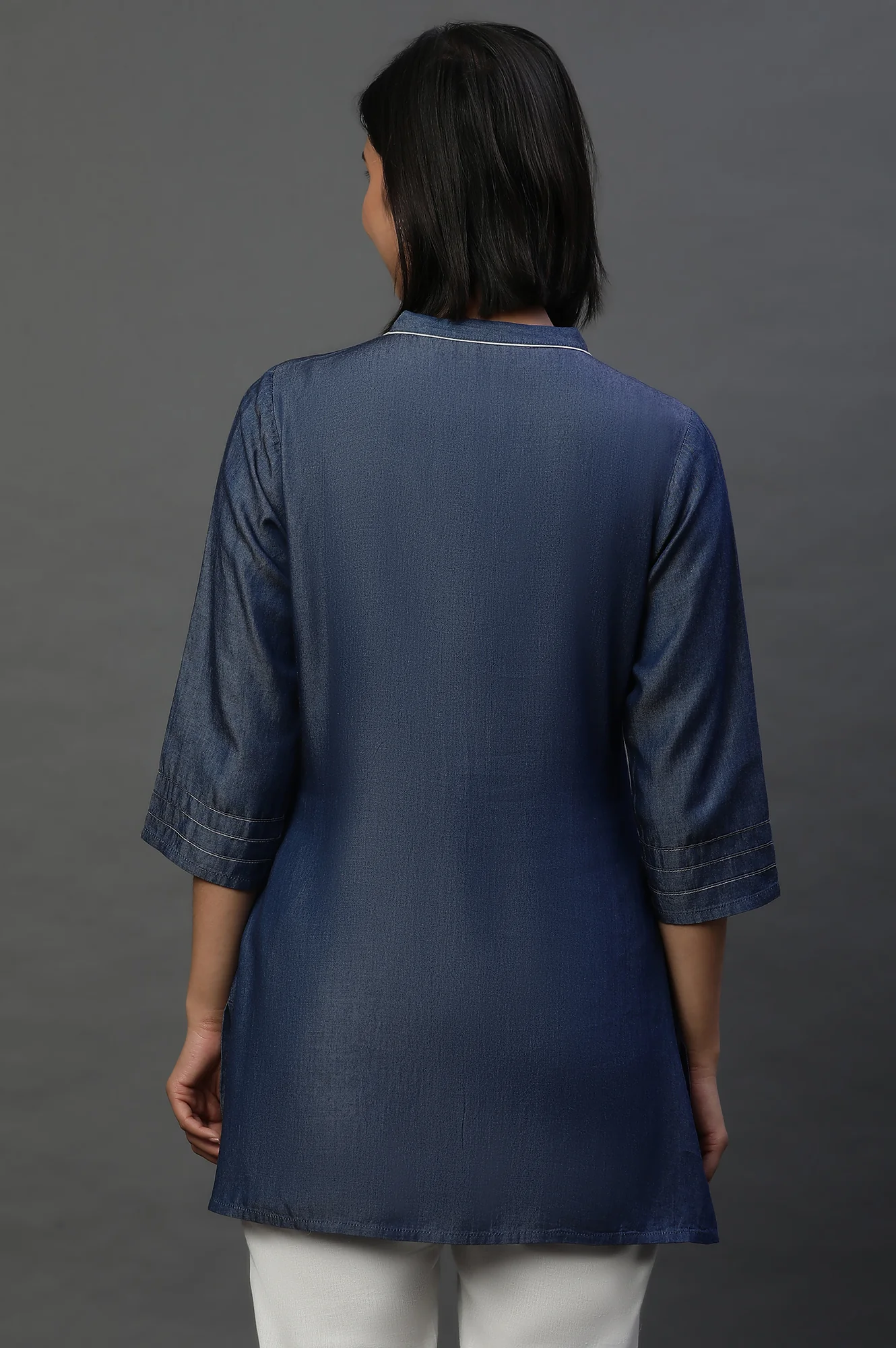 Blue Denim Solid Short Kurti - Image 3