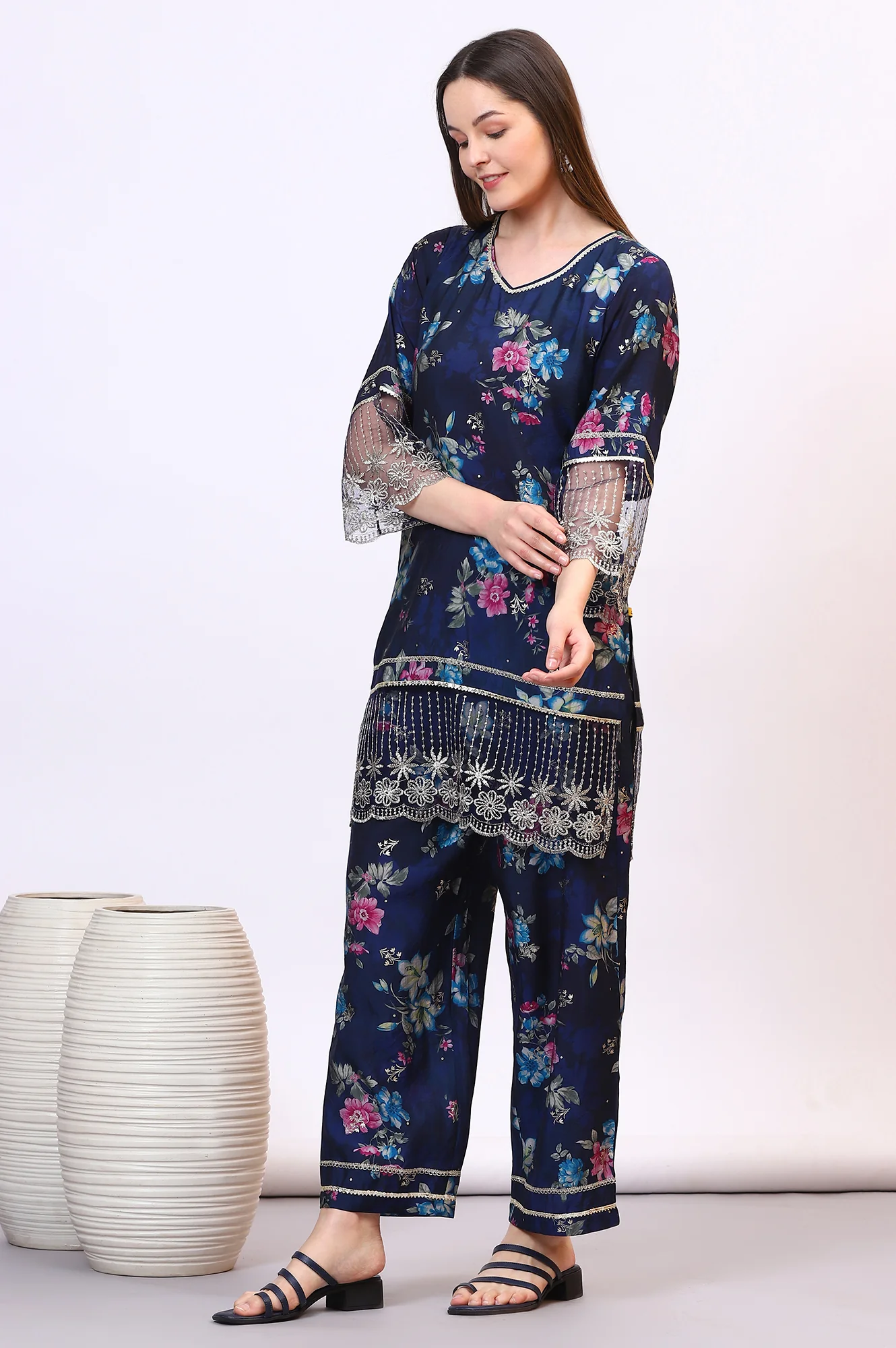 Blue Digital Floral Printed Lace Straight Kurta, Palazzo and Dupatta Set - Image 5