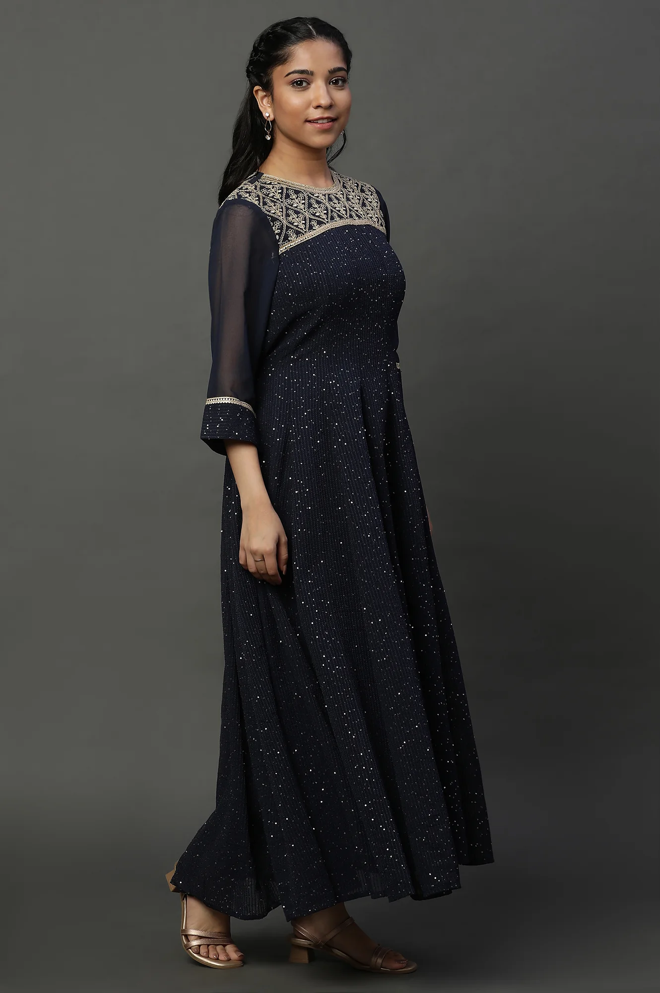 Blue Dori Embroidered Anarkali Kurta, Tights and Dupatta Set - Image 3
