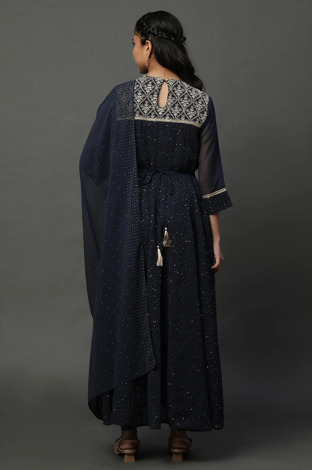 Blue Dori Embroidered Anarkali Kurta, Tights and Dupatta Set - Image 4