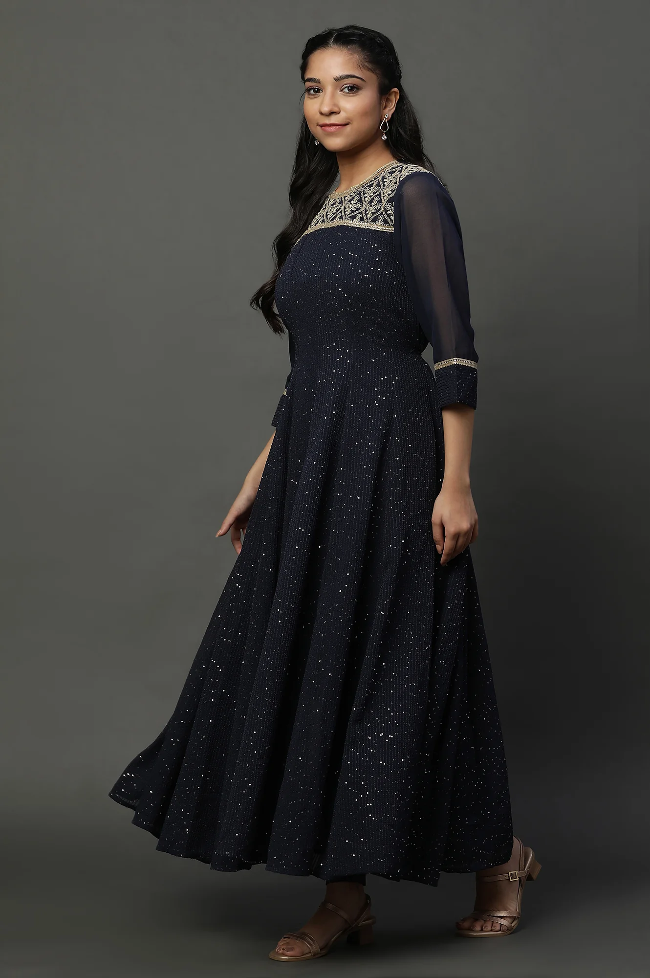 Blue Dori Embroidered Anarkali Kurta, Tights and Dupatta Set - Image 5