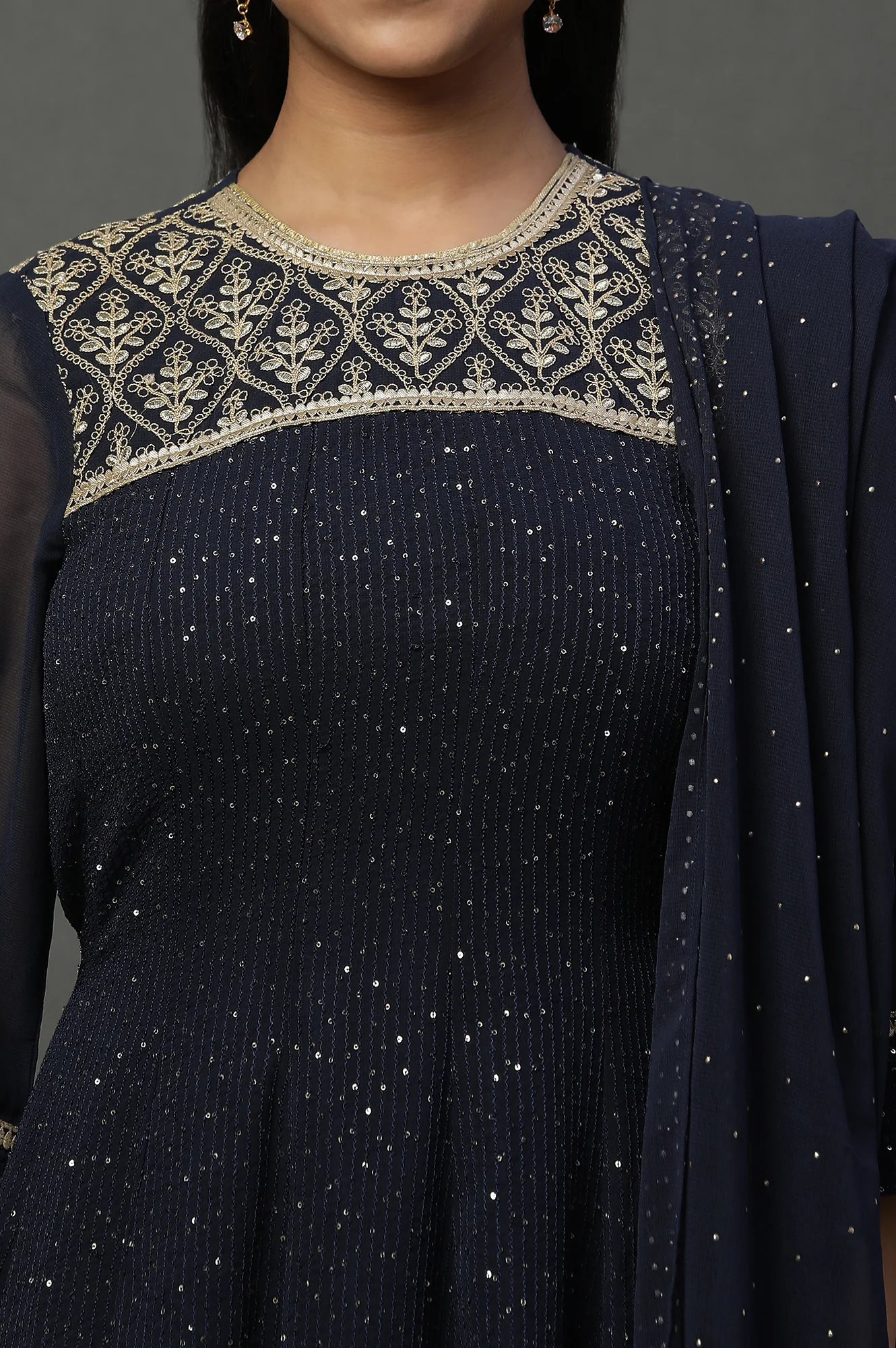 Blue Dori Embroidered Anarkali Kurta, Tights and Dupatta Set - Image 6