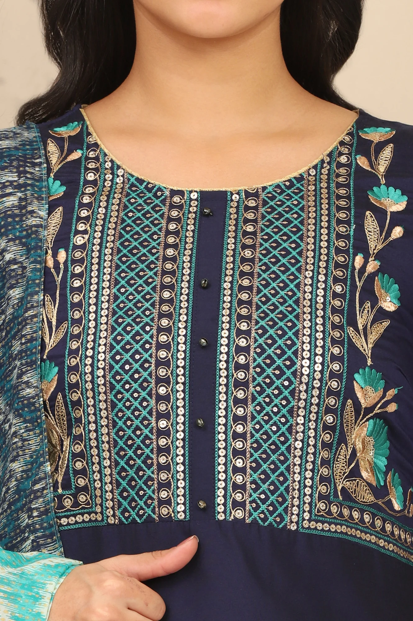 Blue Dori Embroidered Straight Kurta, Flared Palazzo and Dupatta Set - Image 3