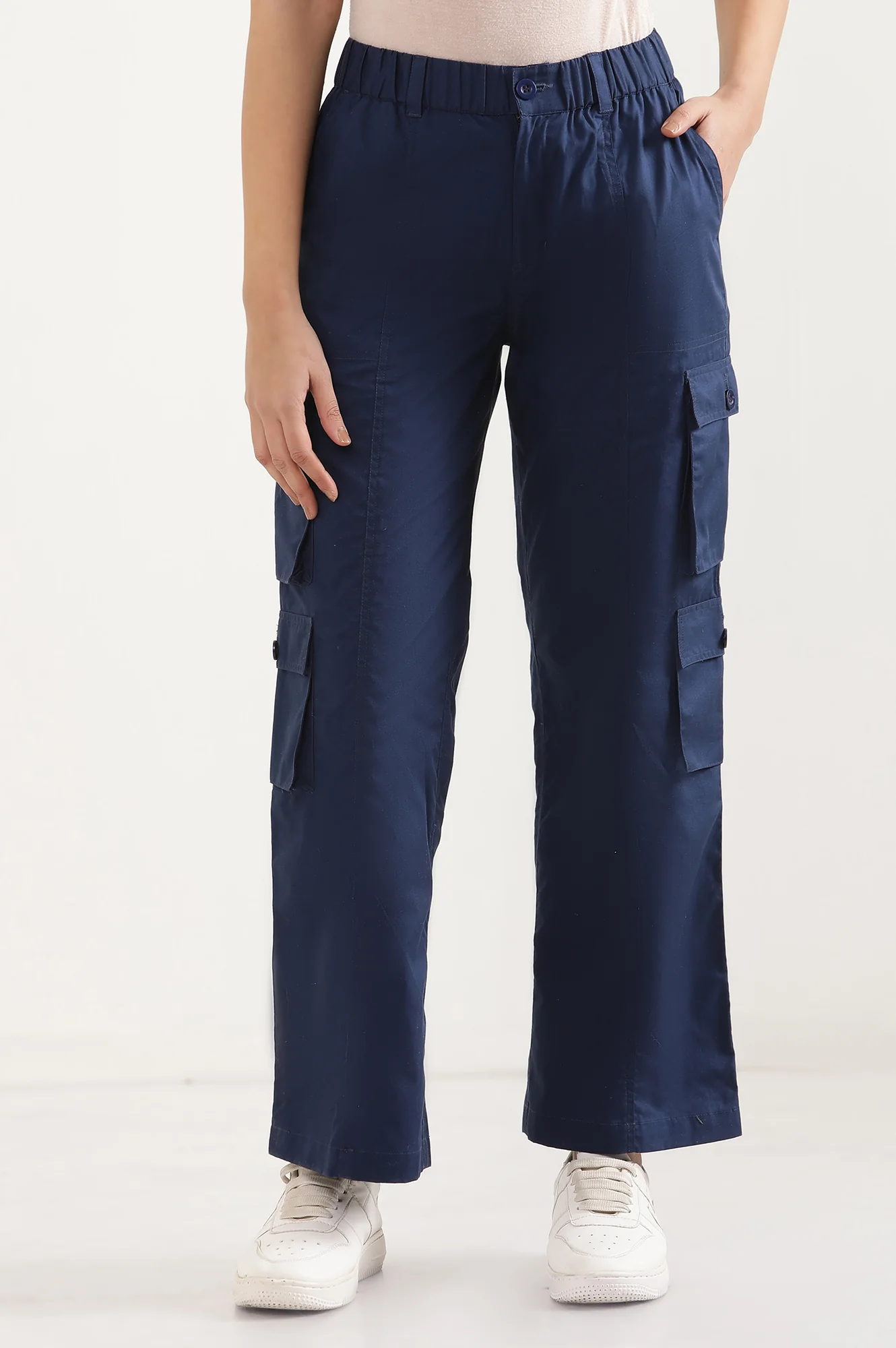 Navy Blue Solid Straight Fit Cotton Cargo Pants With Elasticated Waist - Image 3