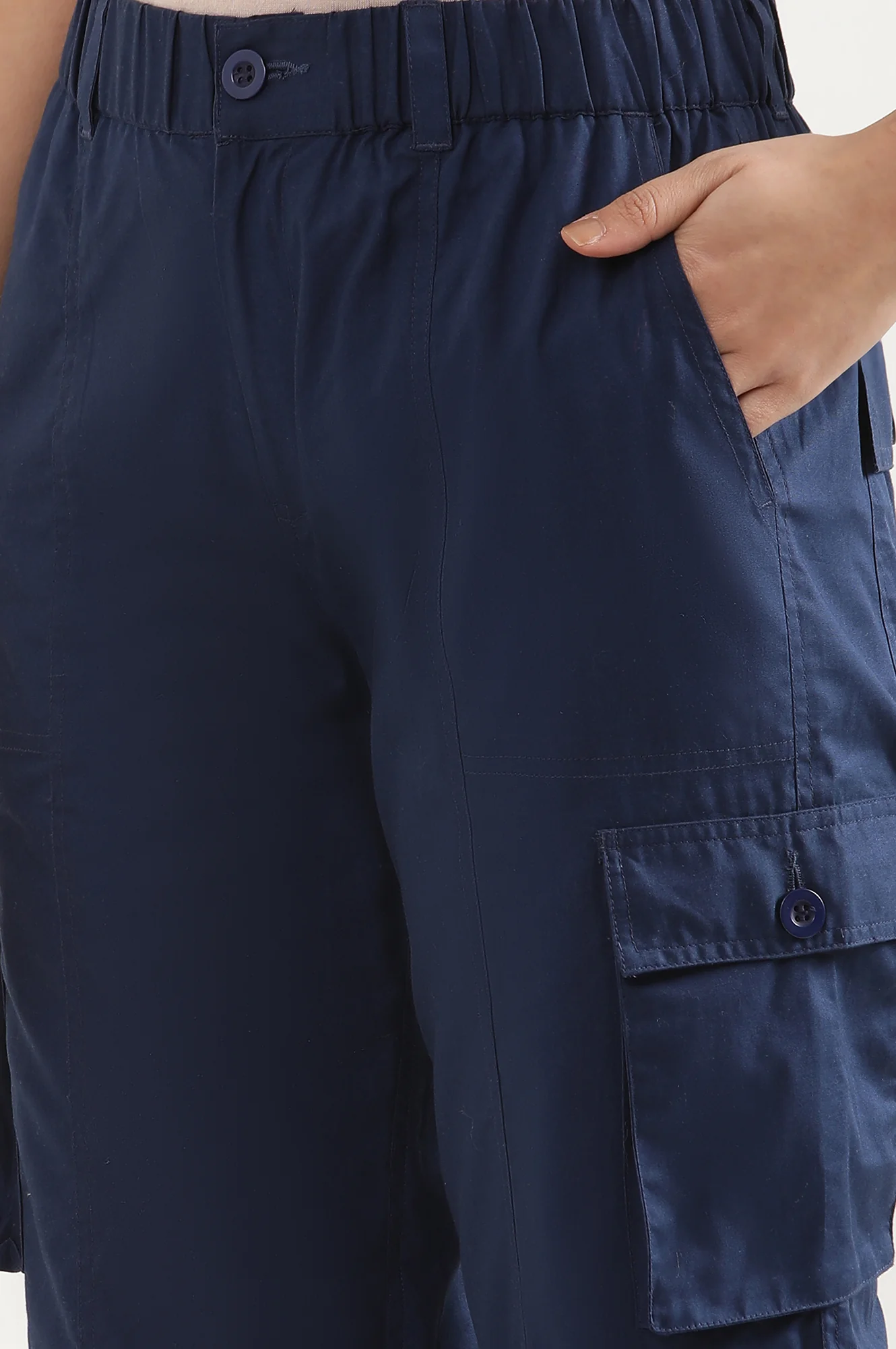 Navy Blue Solid Straight Fit Cotton Cargo Pants With Elasticated Waist - Image 8