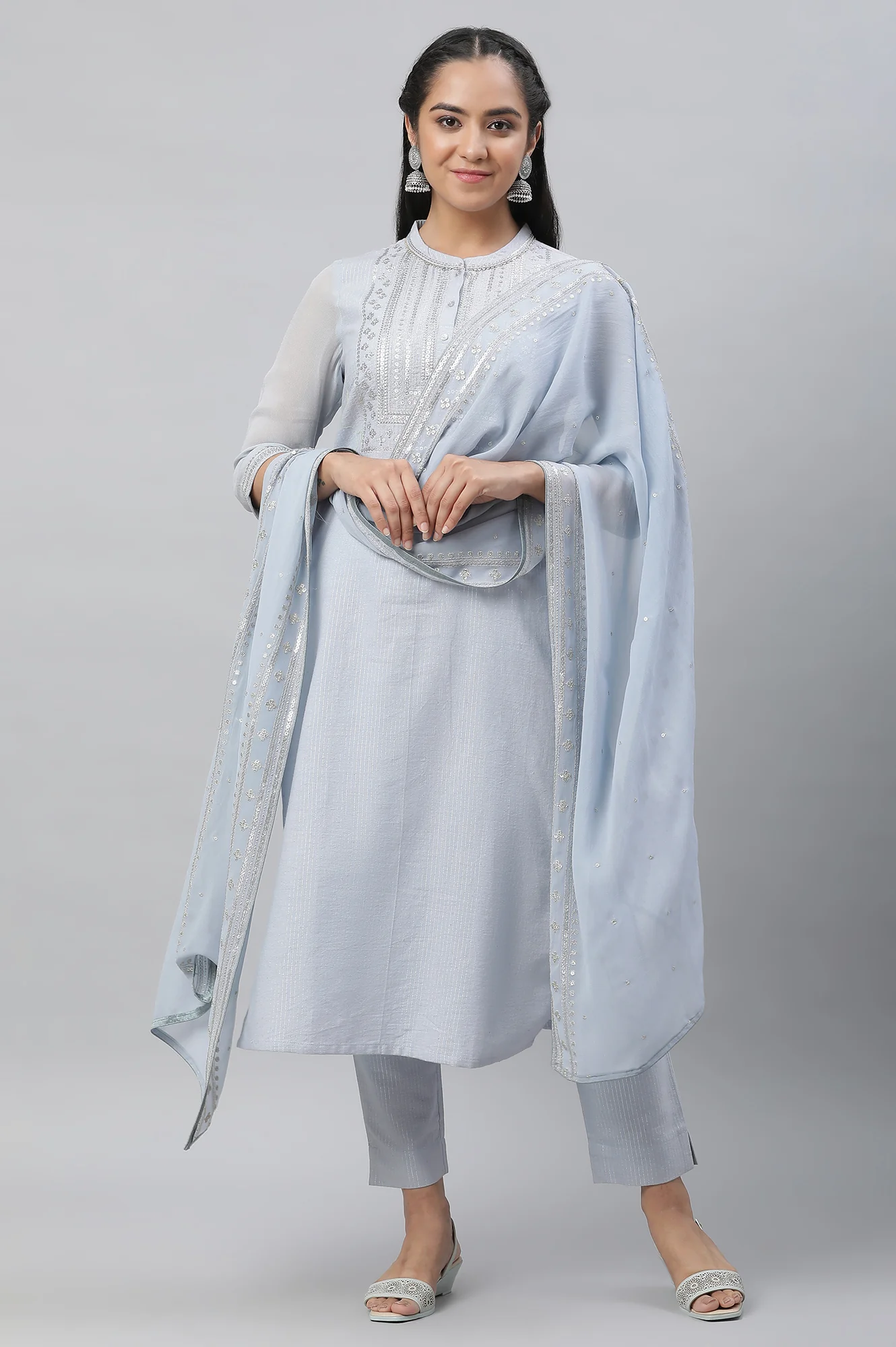 Blue Embellished Festive Kurta, Trousers and Dupatta Set - Image 2