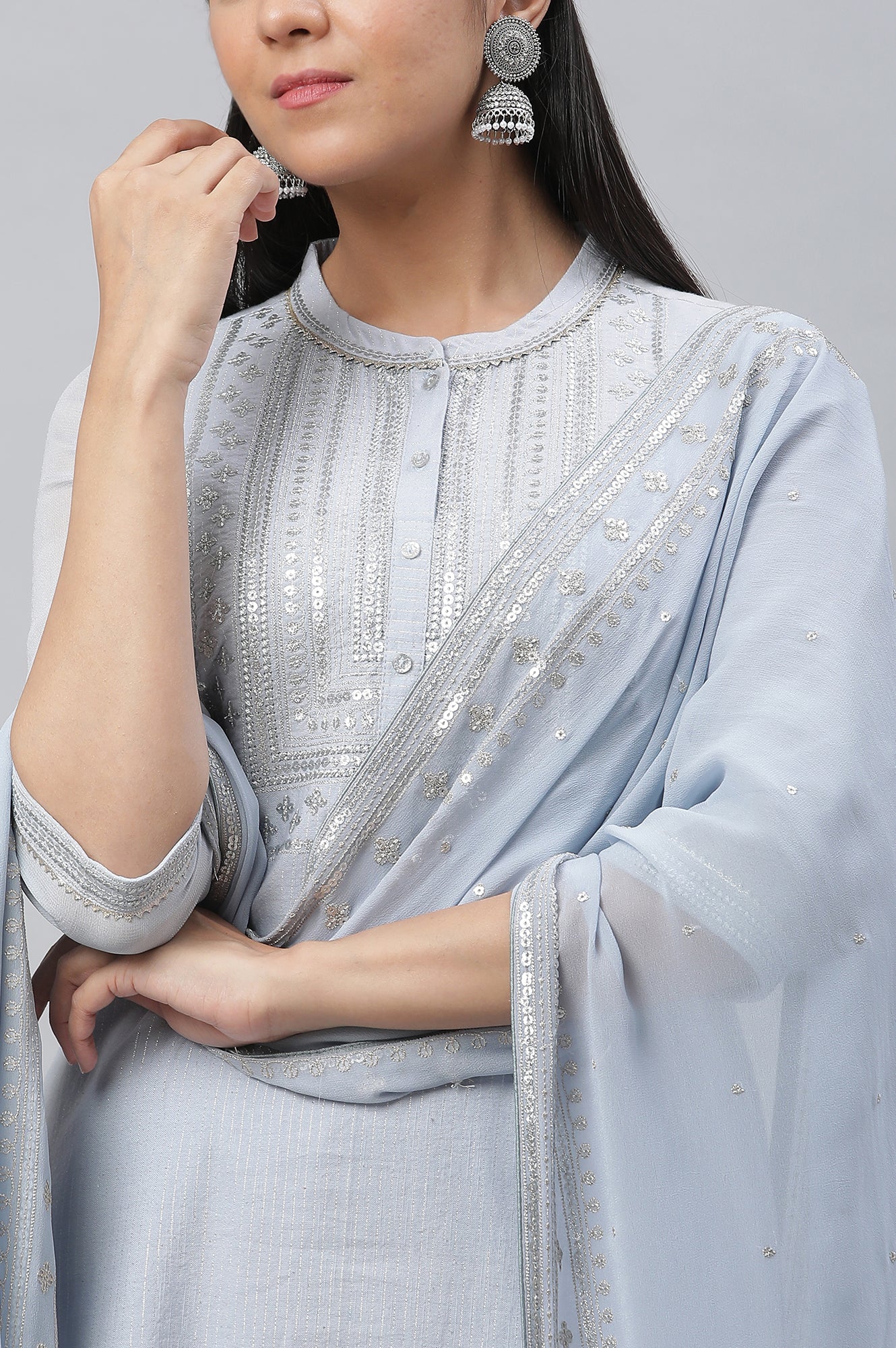 Blue Embellished Festive Kurta, Trousers and Dupatta Set - Image 6