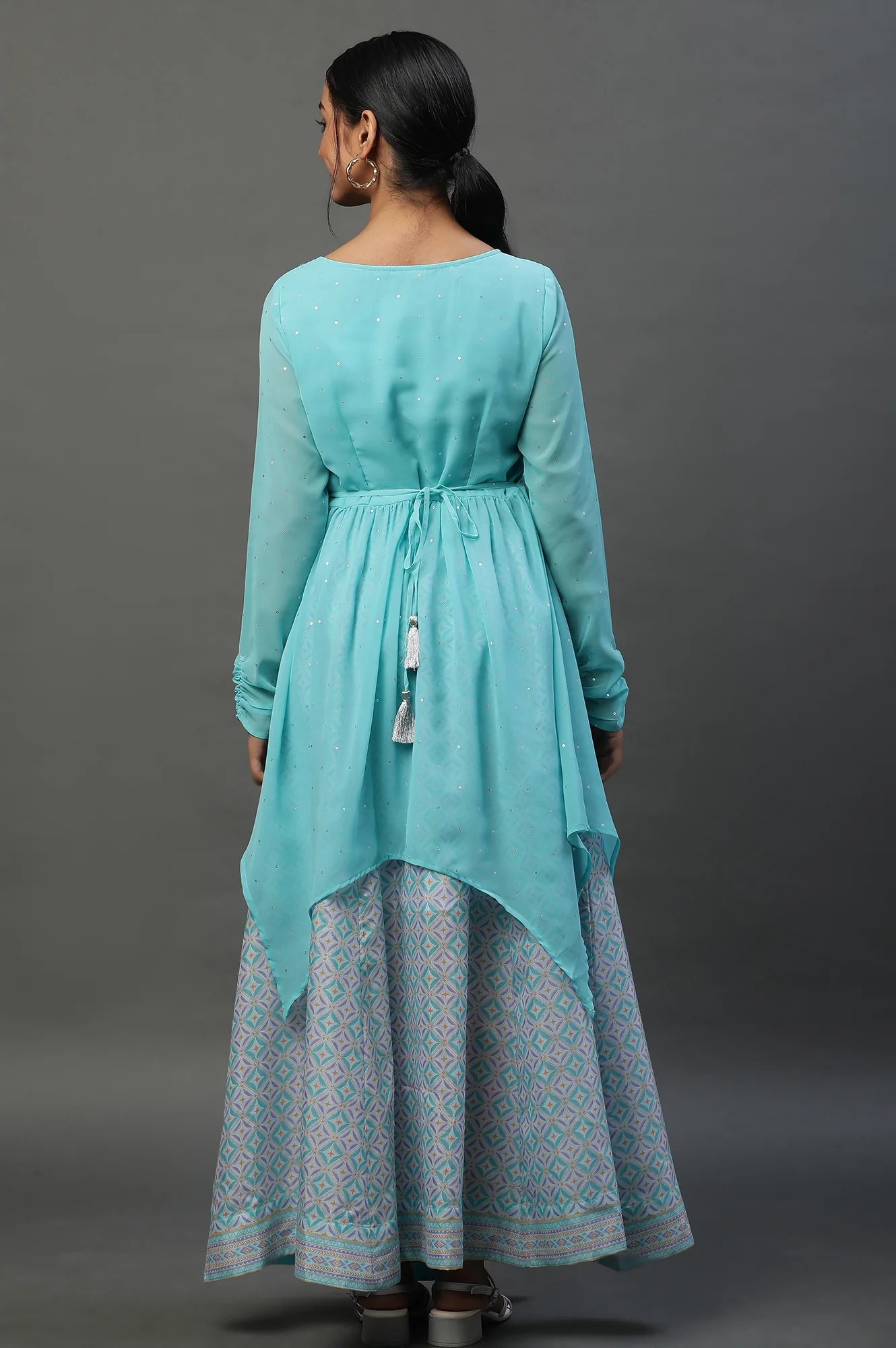 Blue Embellished Handkerchief Hemline Kurti & Skirt Set - Image 4