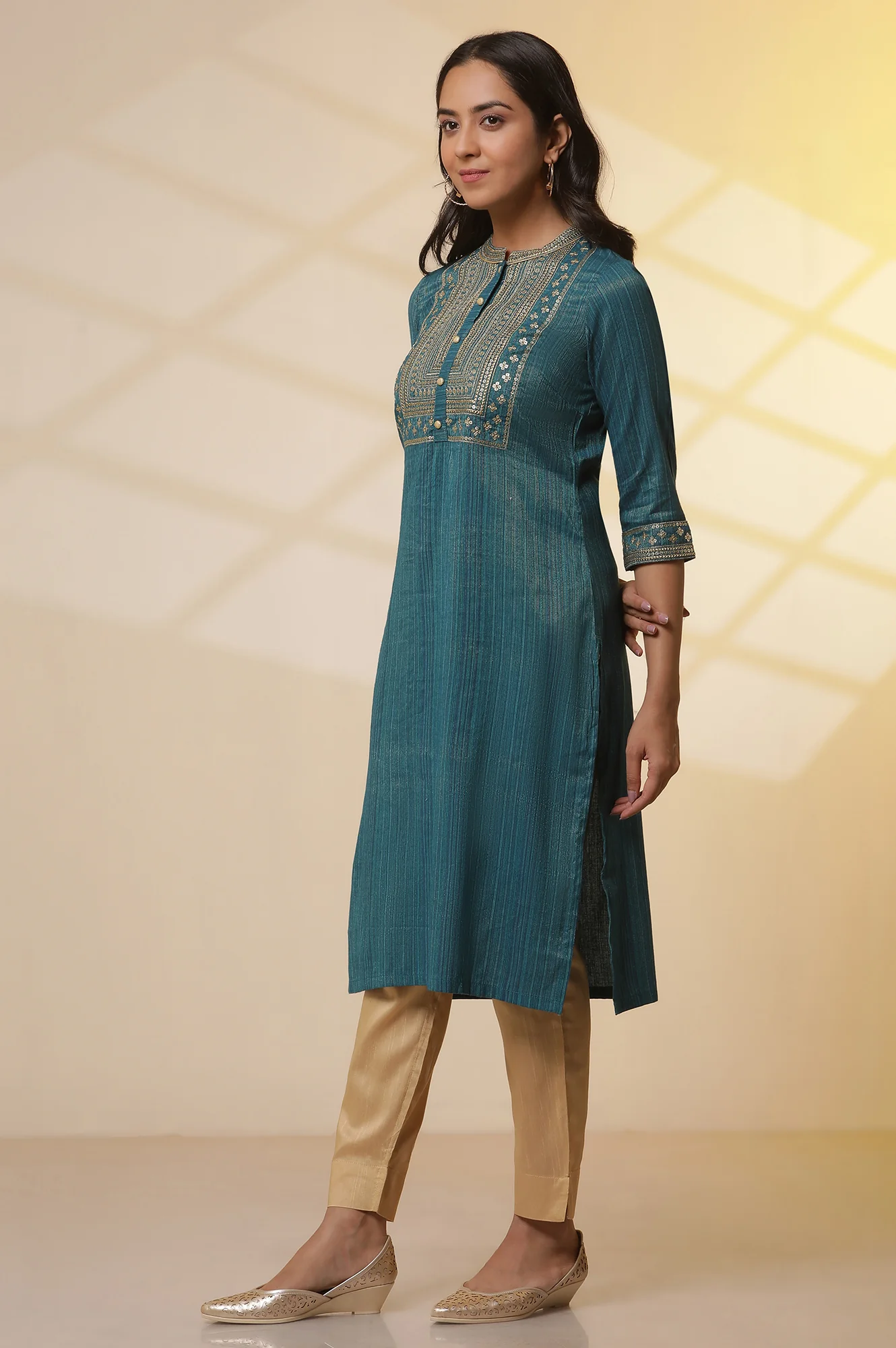 Blue Embellished Lurex Stripes Kurta, Trousers and Dupatta Set - Image 3
