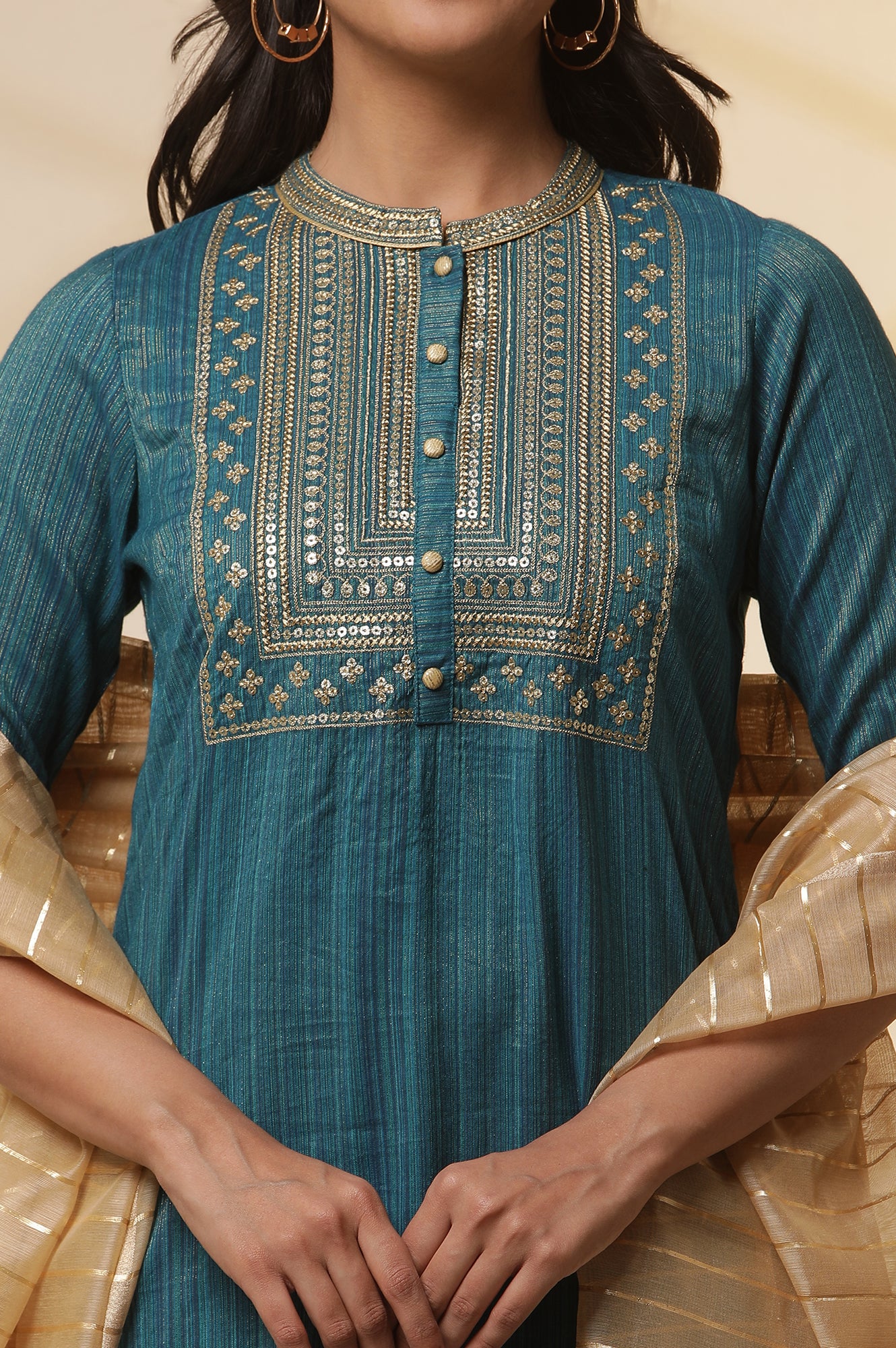 Blue Embellished Lurex Stripes Kurta, Trousers and Dupatta Set - Image 6
