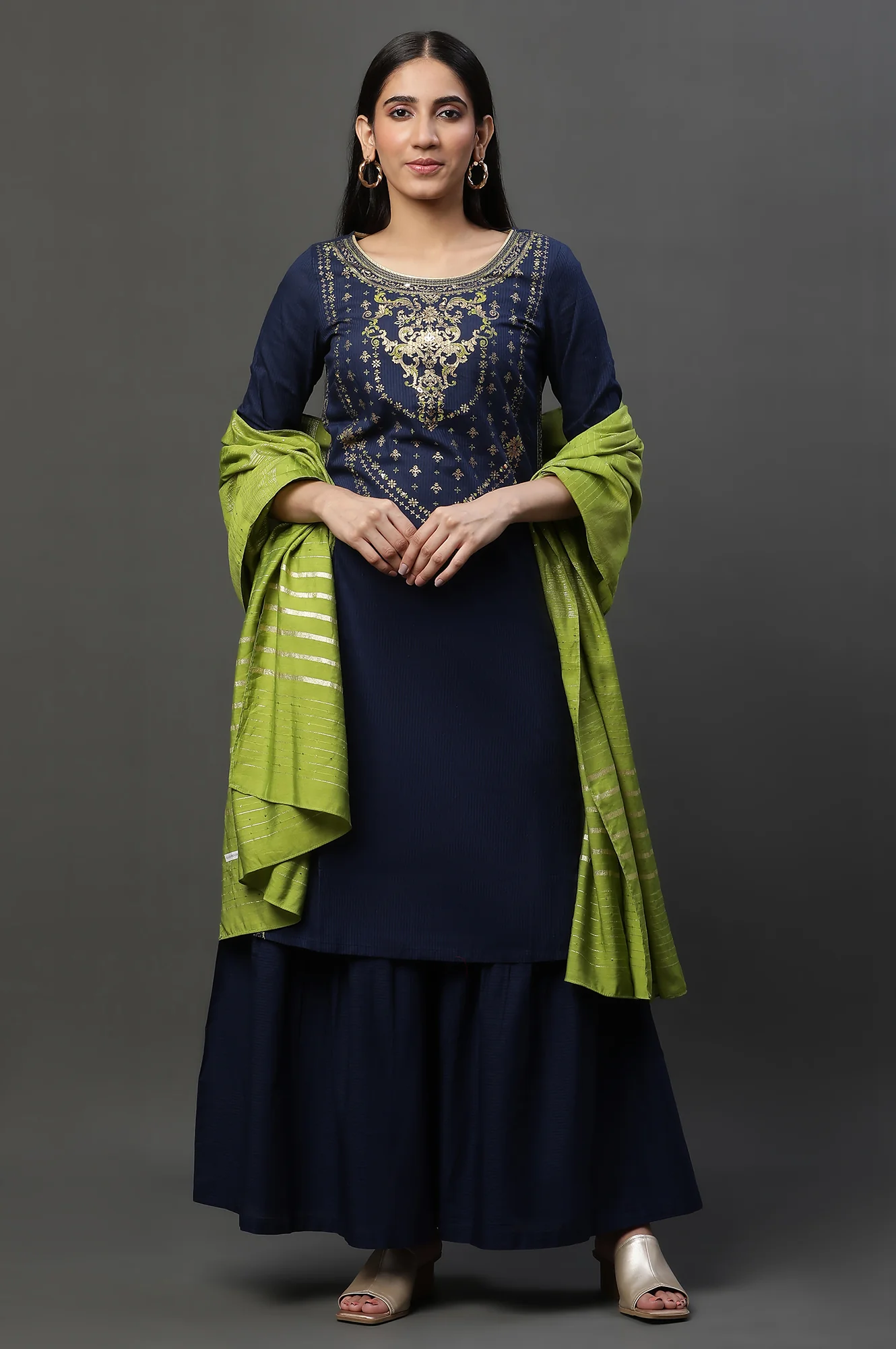 Blue Embellished Short Kurta, Sharara and Dupatta Set - Image 4