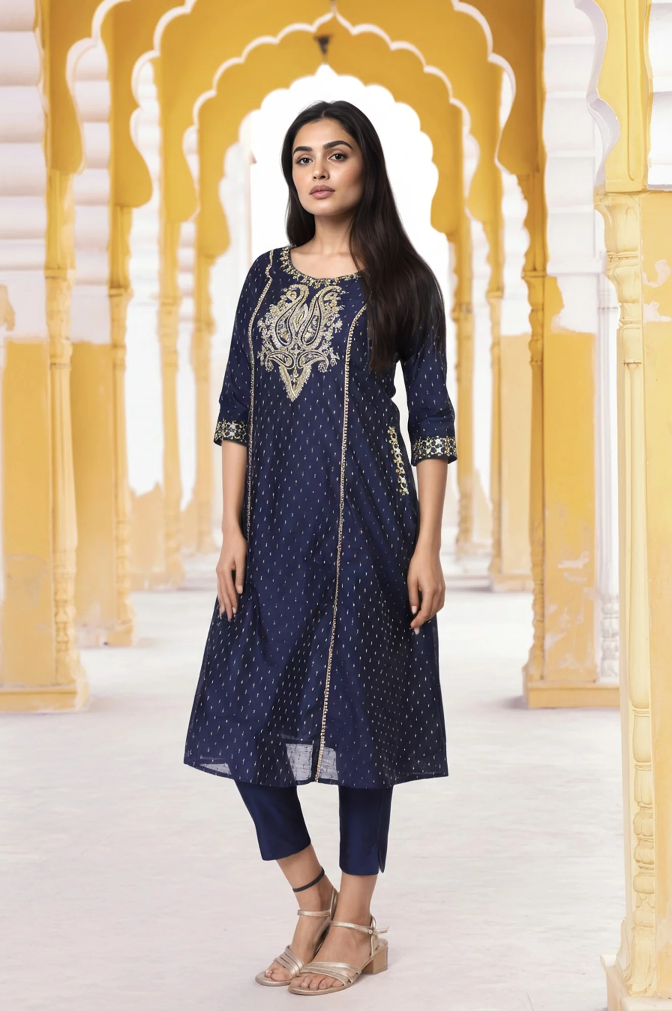 Blue Embroidered A-Line Kurta - Image 6