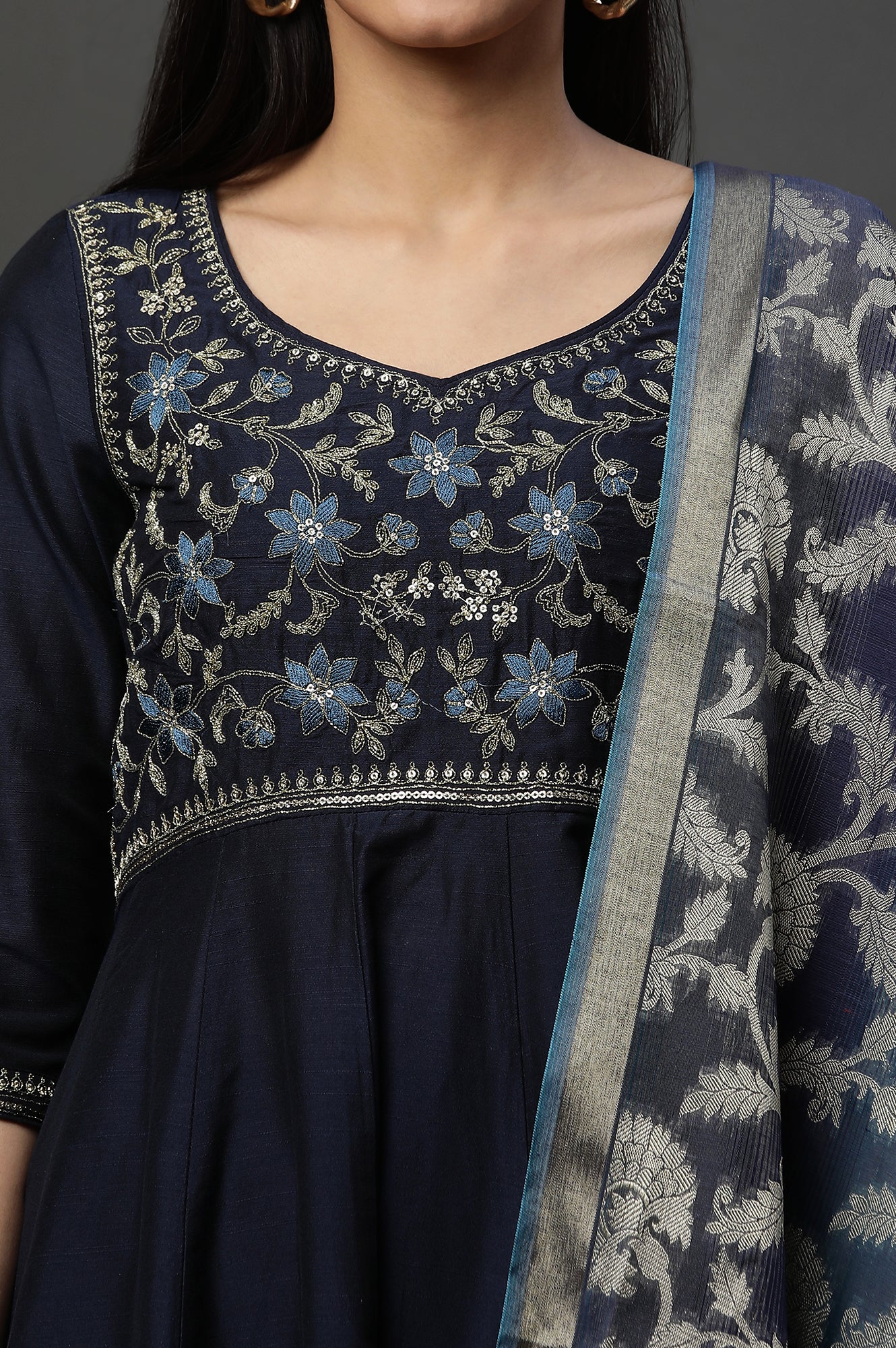 Blue Embroidered Anarkali Festive Kurta, Tights and Dupatta Set - Image 6