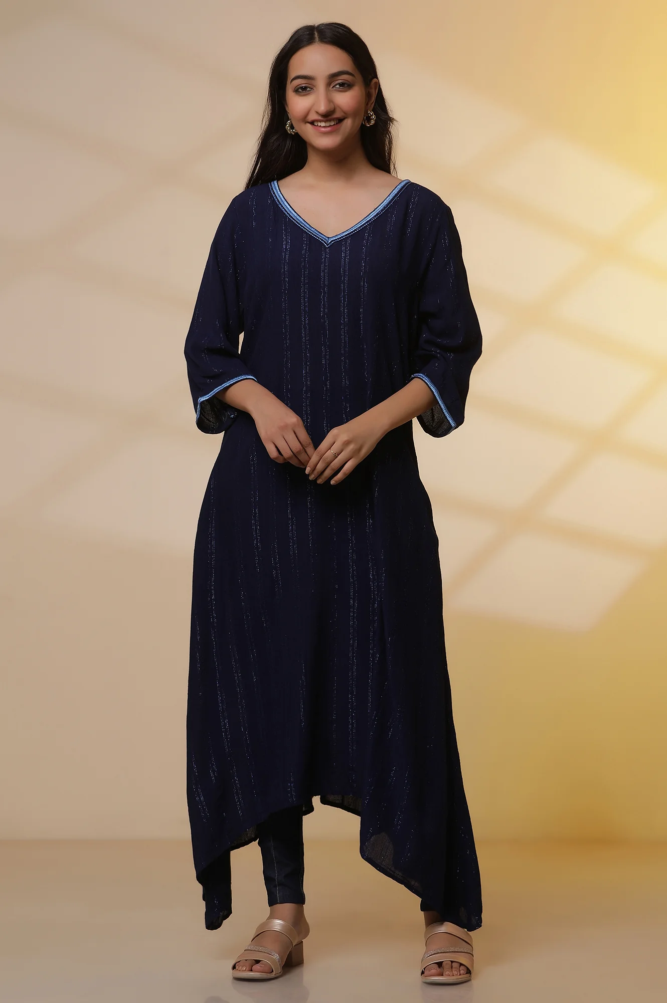 Blue Embroidered Asymmetrical Kurta and Denim Lycra Jeggings - Image 2