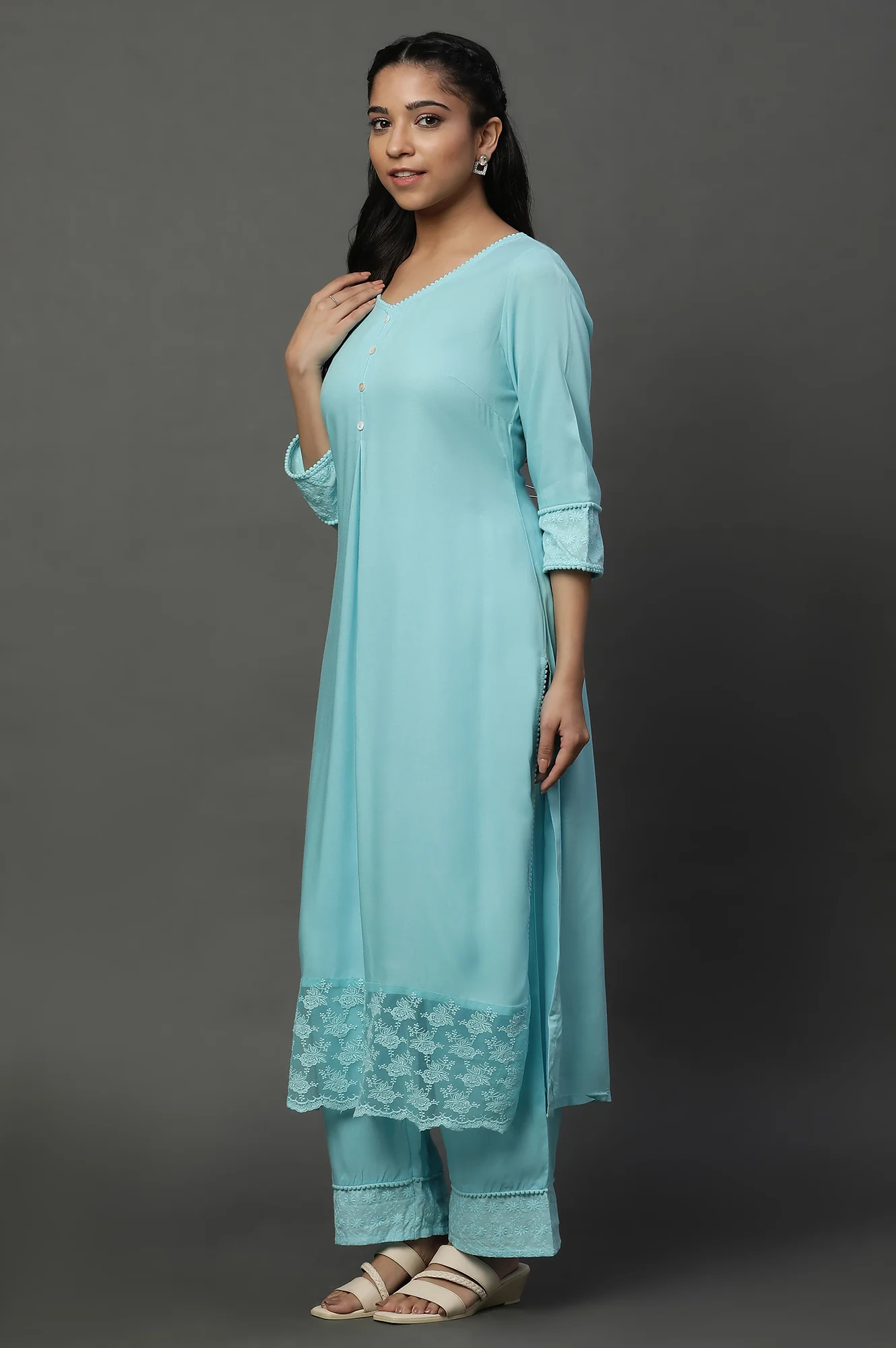 Blue Embroidered Causal Kurta and Palazzo Co-ord Set - Image 3