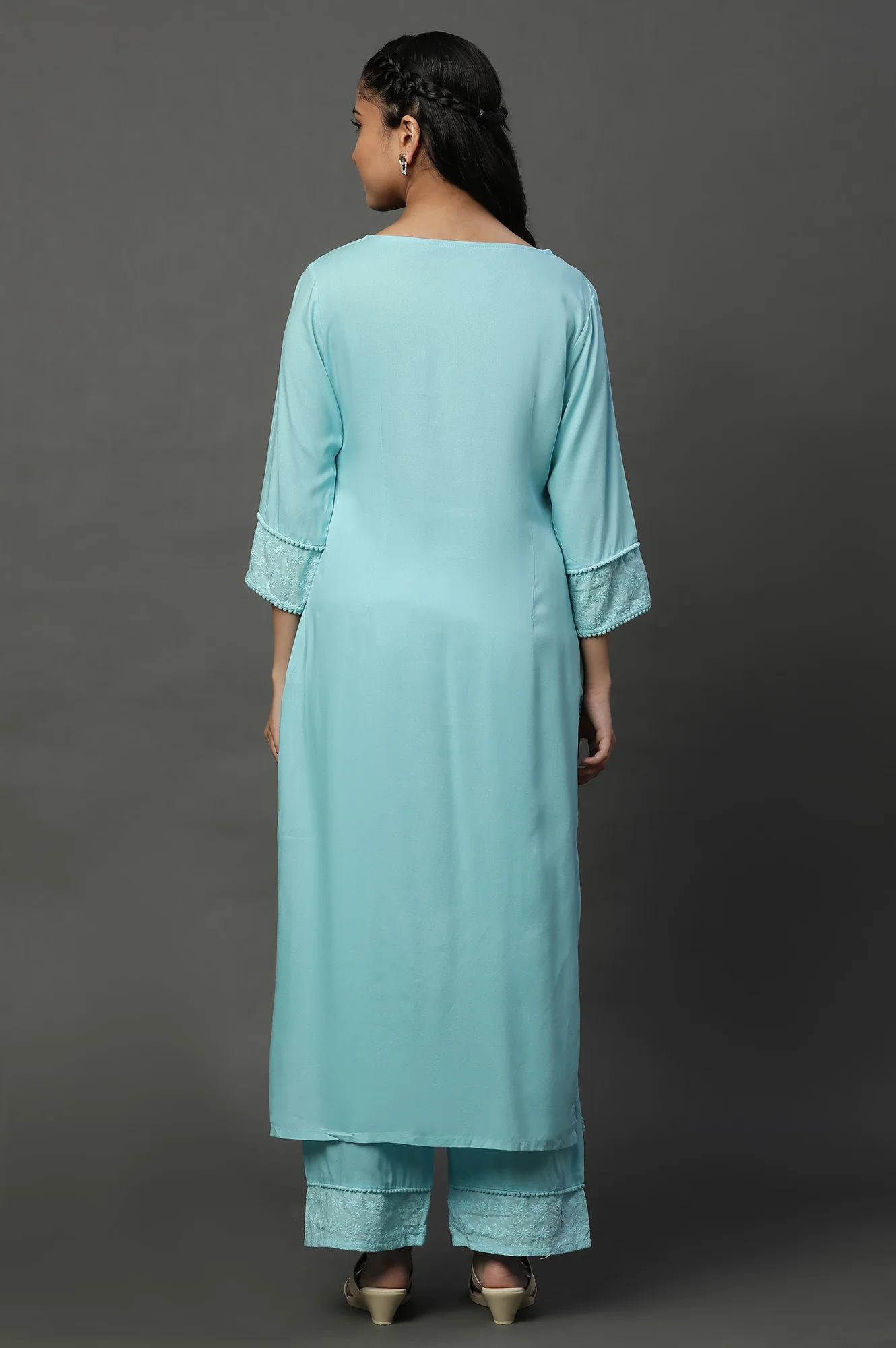 Blue Embroidered Causal Kurta and Palazzo Co-ord Set - Image 4