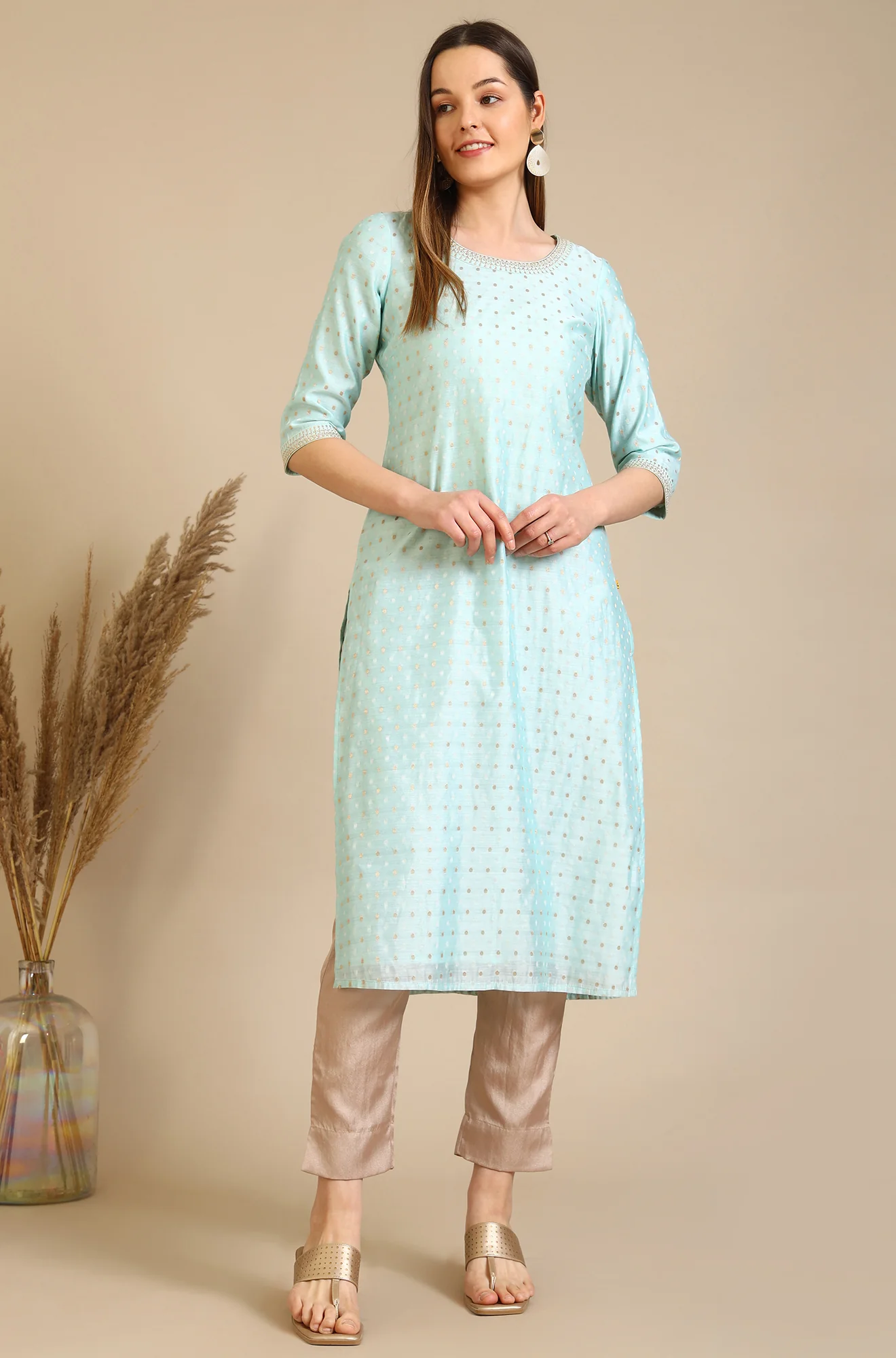 Blue Embroidered Chanderi Butti Straight Kurta - Image 2