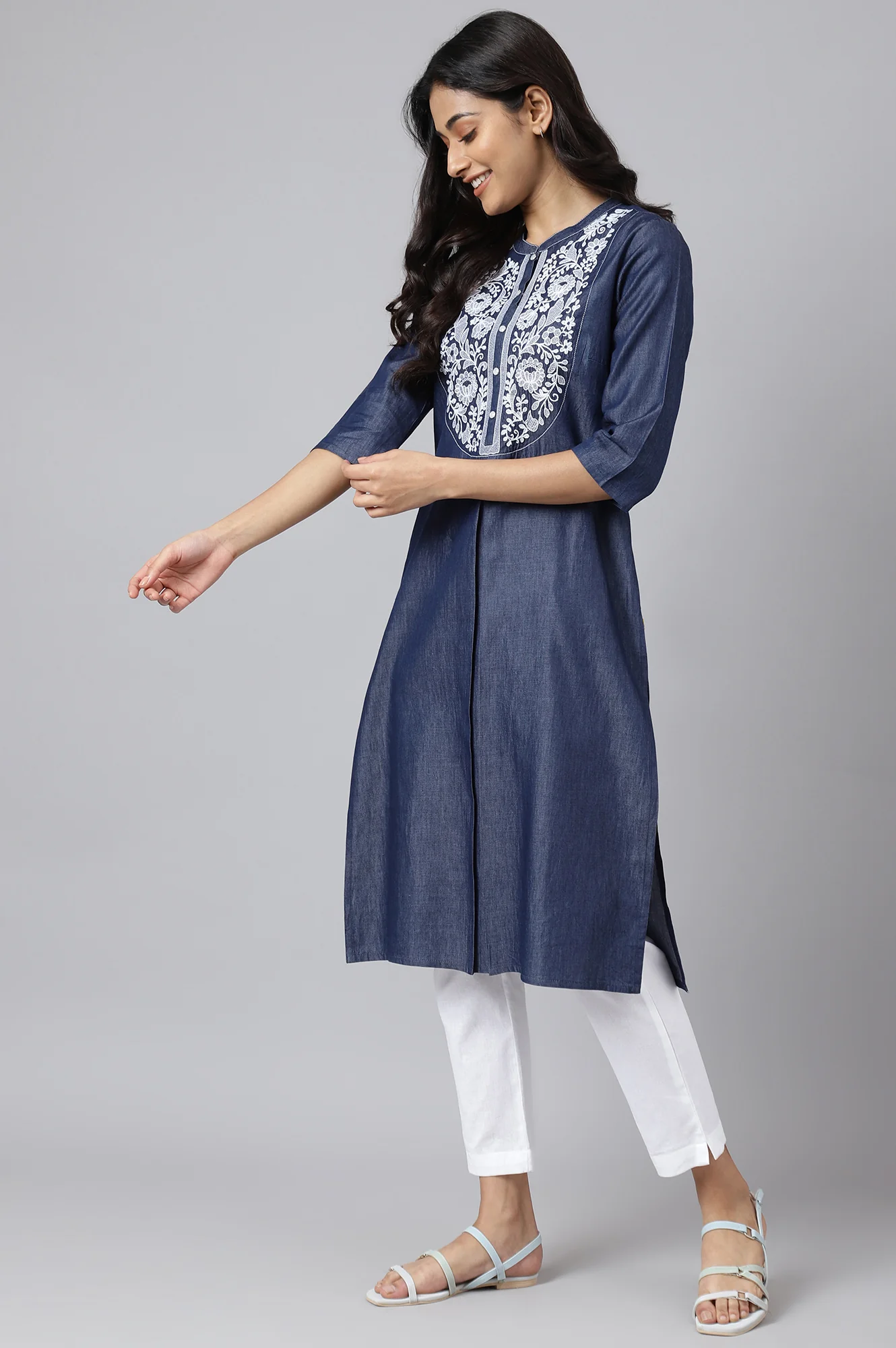 Blue Embroidered Denim Kurta - Image 3