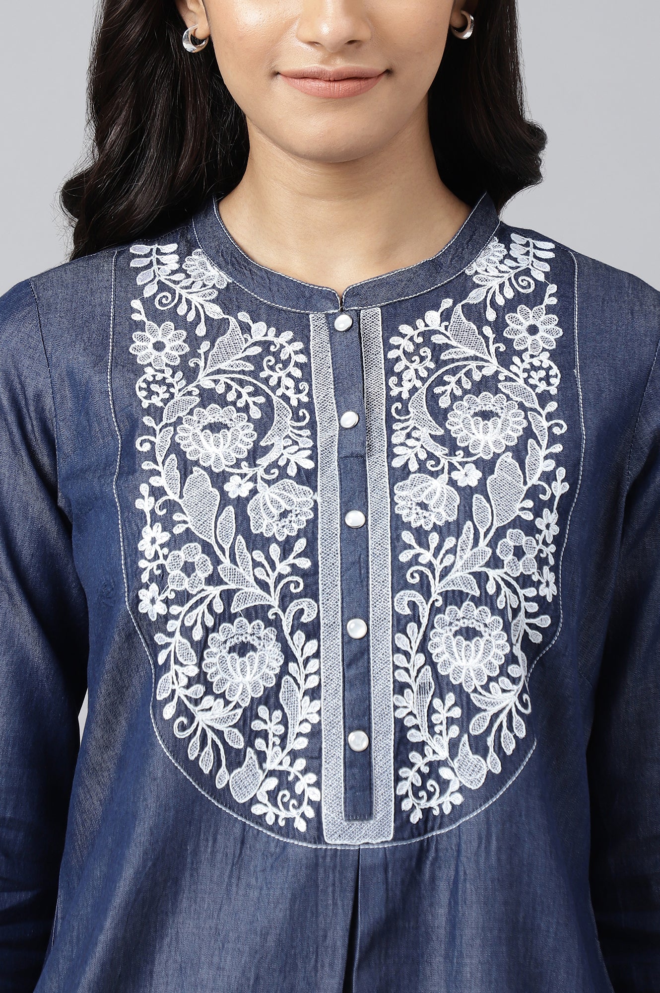 Blue Embroidered Denim Kurta - Image 8