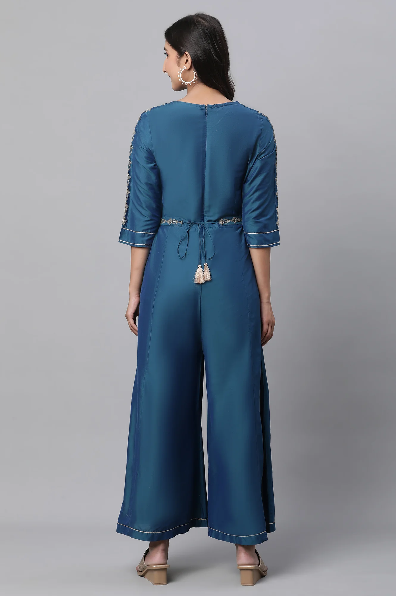 Blue Embroidered Ethnic Jumpsuit with Belt - Image 3