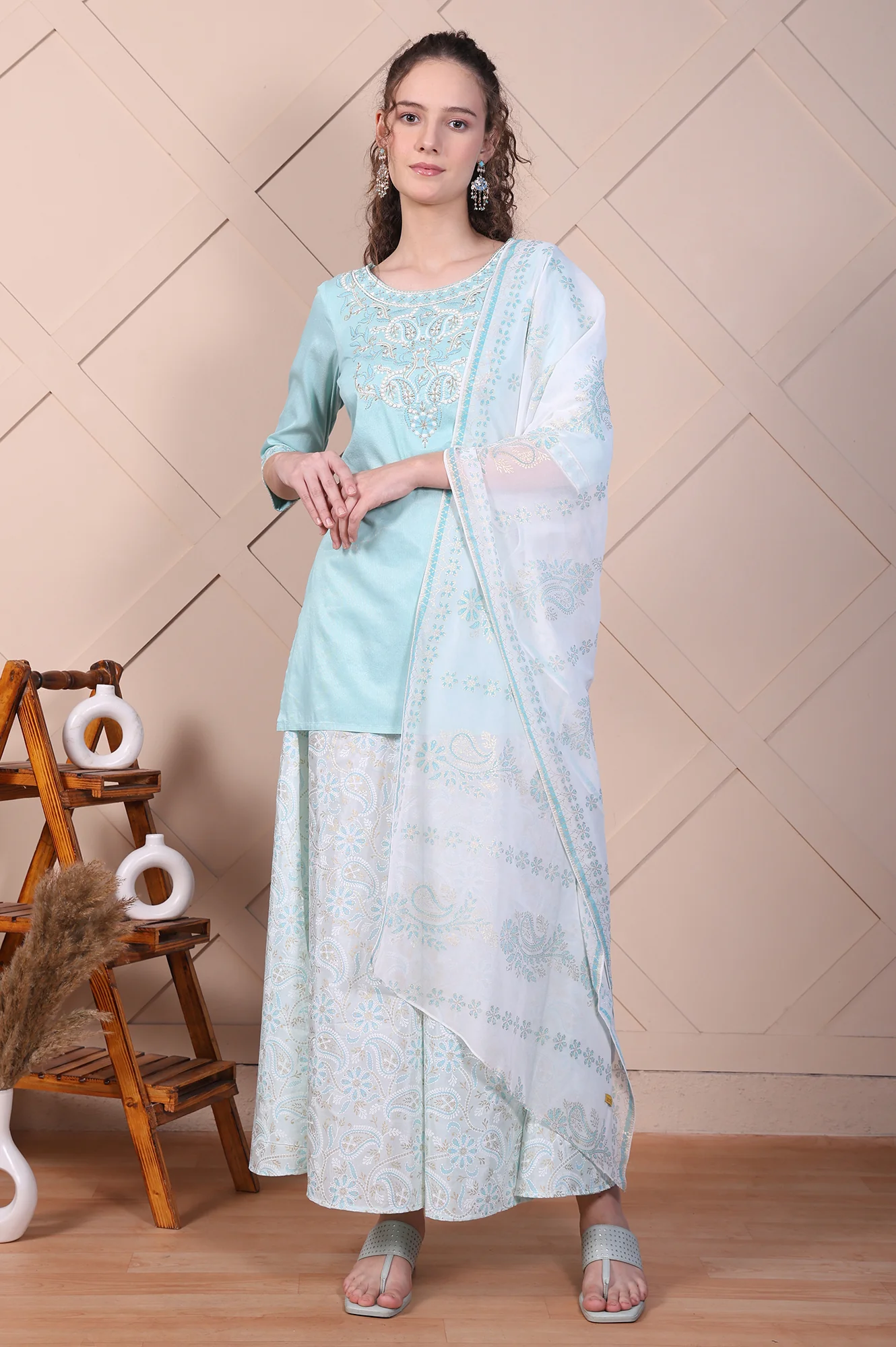 Blue Embroidered Festive Short Kurta, Printed Palazzo and Dupatta Set - Image 2