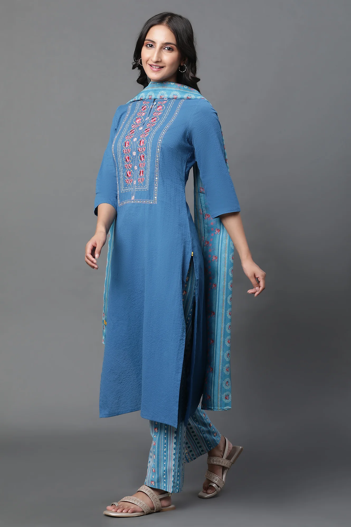 Blue Embroidered Textured Cotton Straight Kurta, Palazzo and Dupatta Set - Image 2