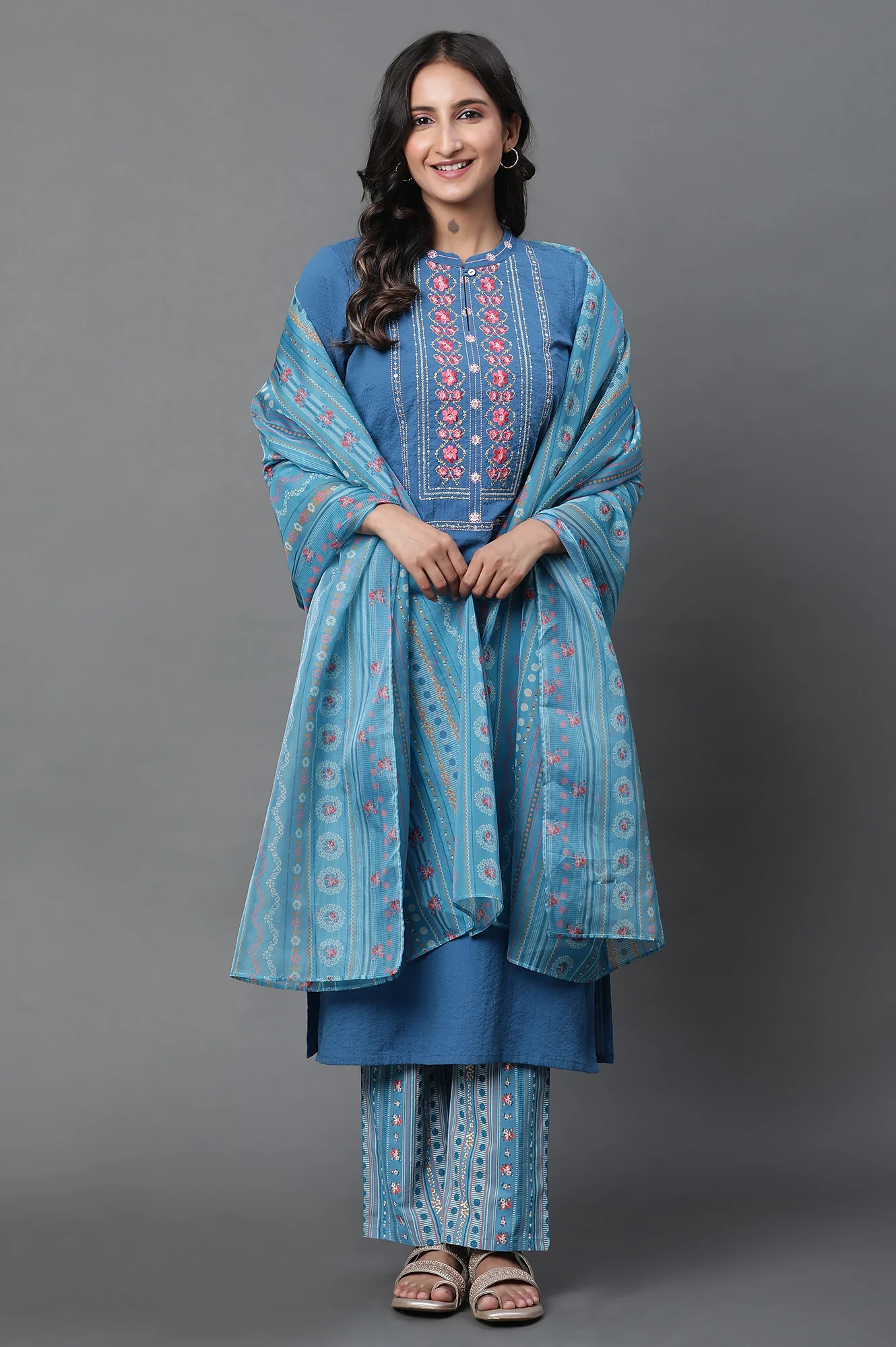 Blue Embroidered Textured Cotton Straight Kurta, Palazzo and Dupatta Set - Image 4