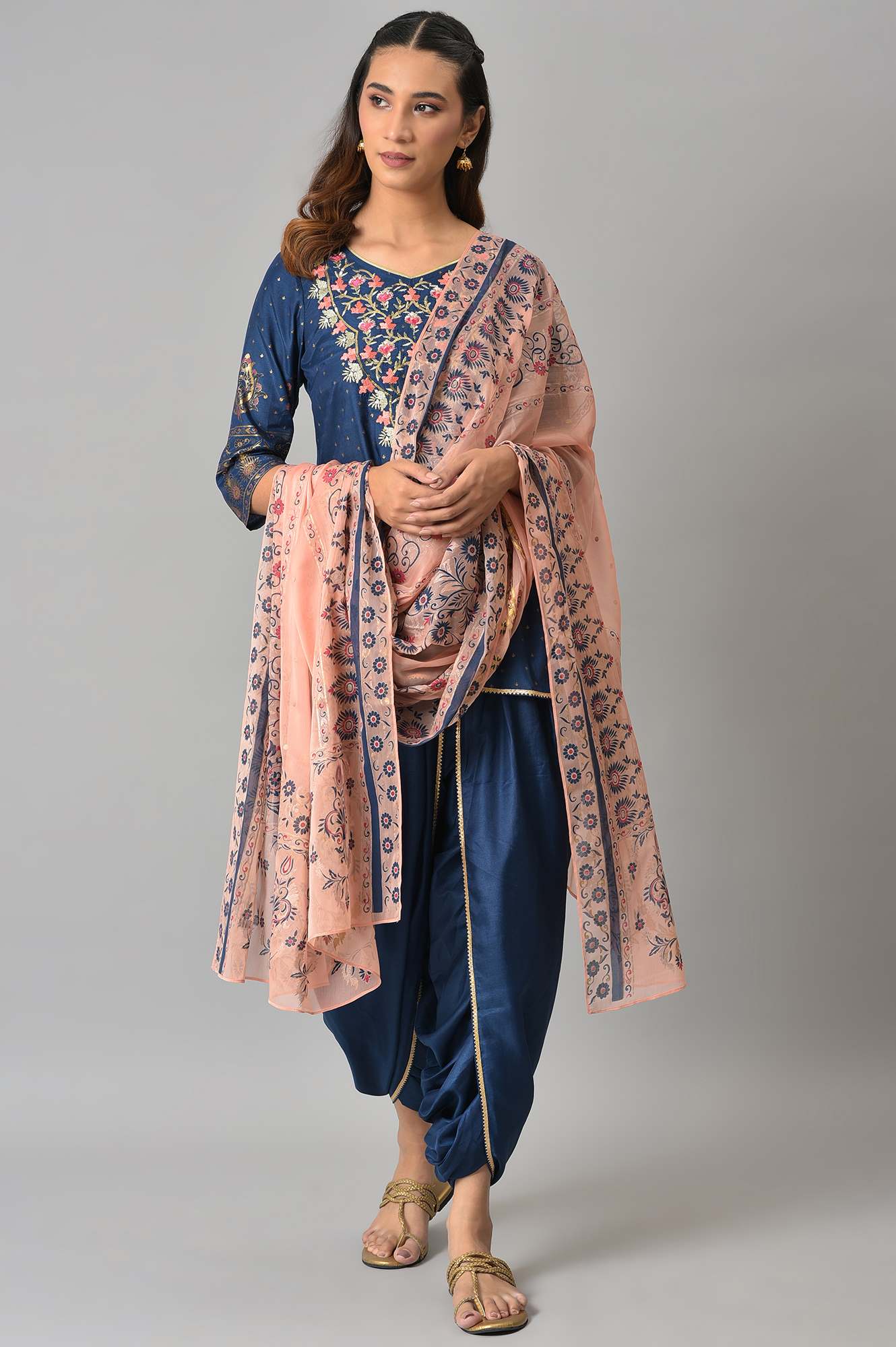Blue Embroidered Short kurta with Dhoti Pants and Peach Dupatta - Image 10