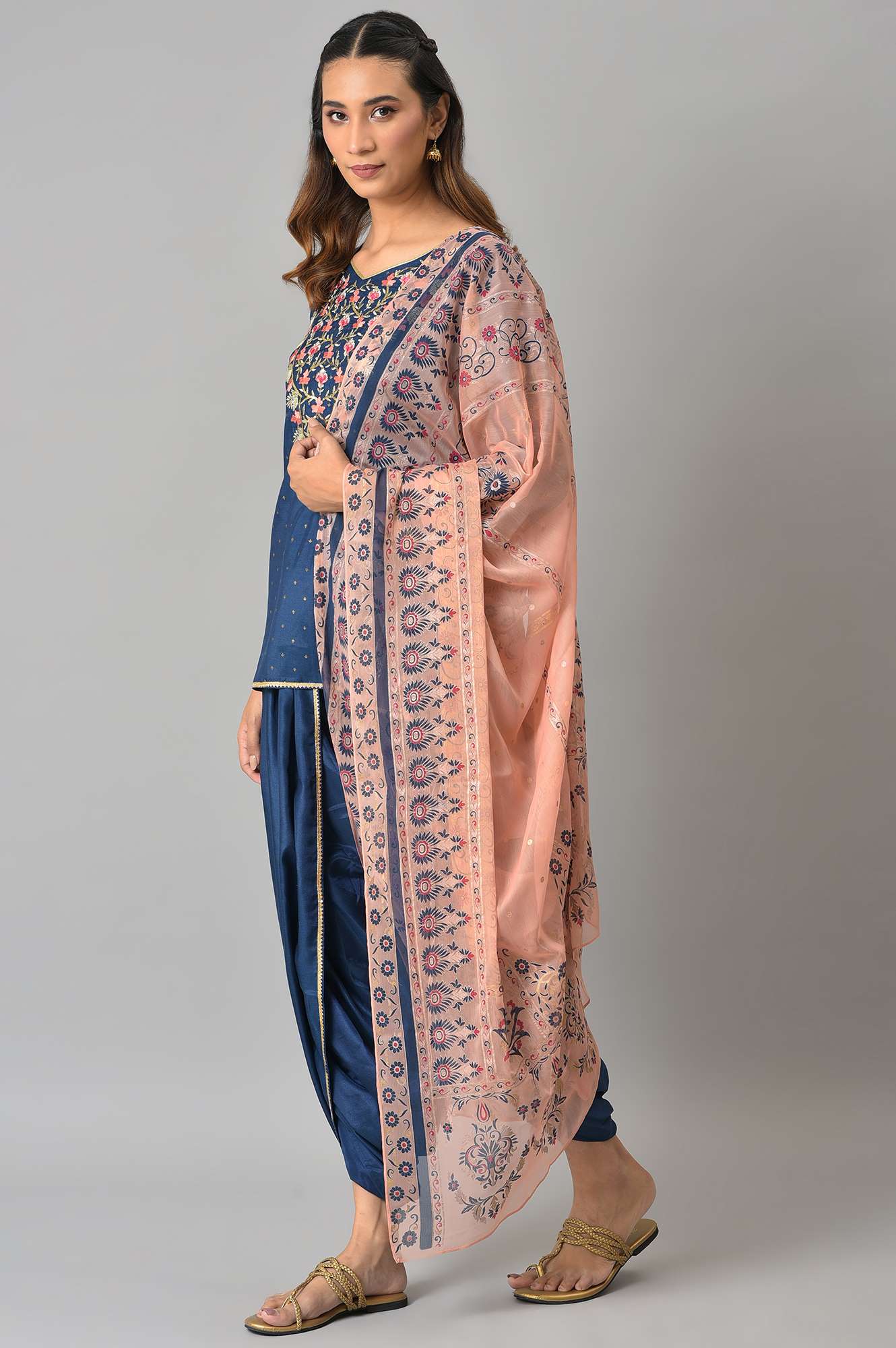 Blue Embroidered Short kurta with Dhoti Pants and Peach Dupatta - Image 3