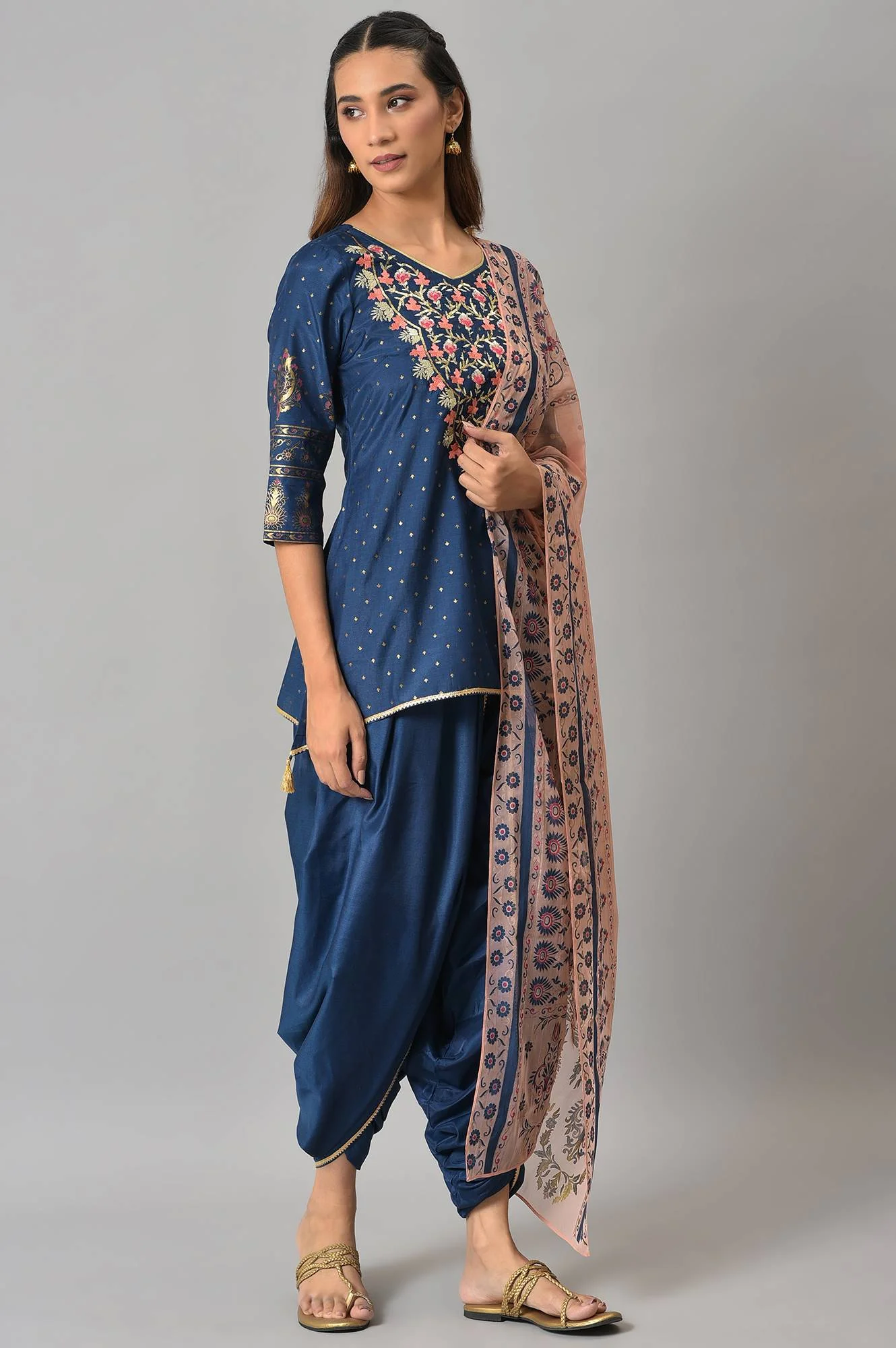 Blue Embroidered Short kurta with Dhoti Pants and Peach Dupatta - Image 4