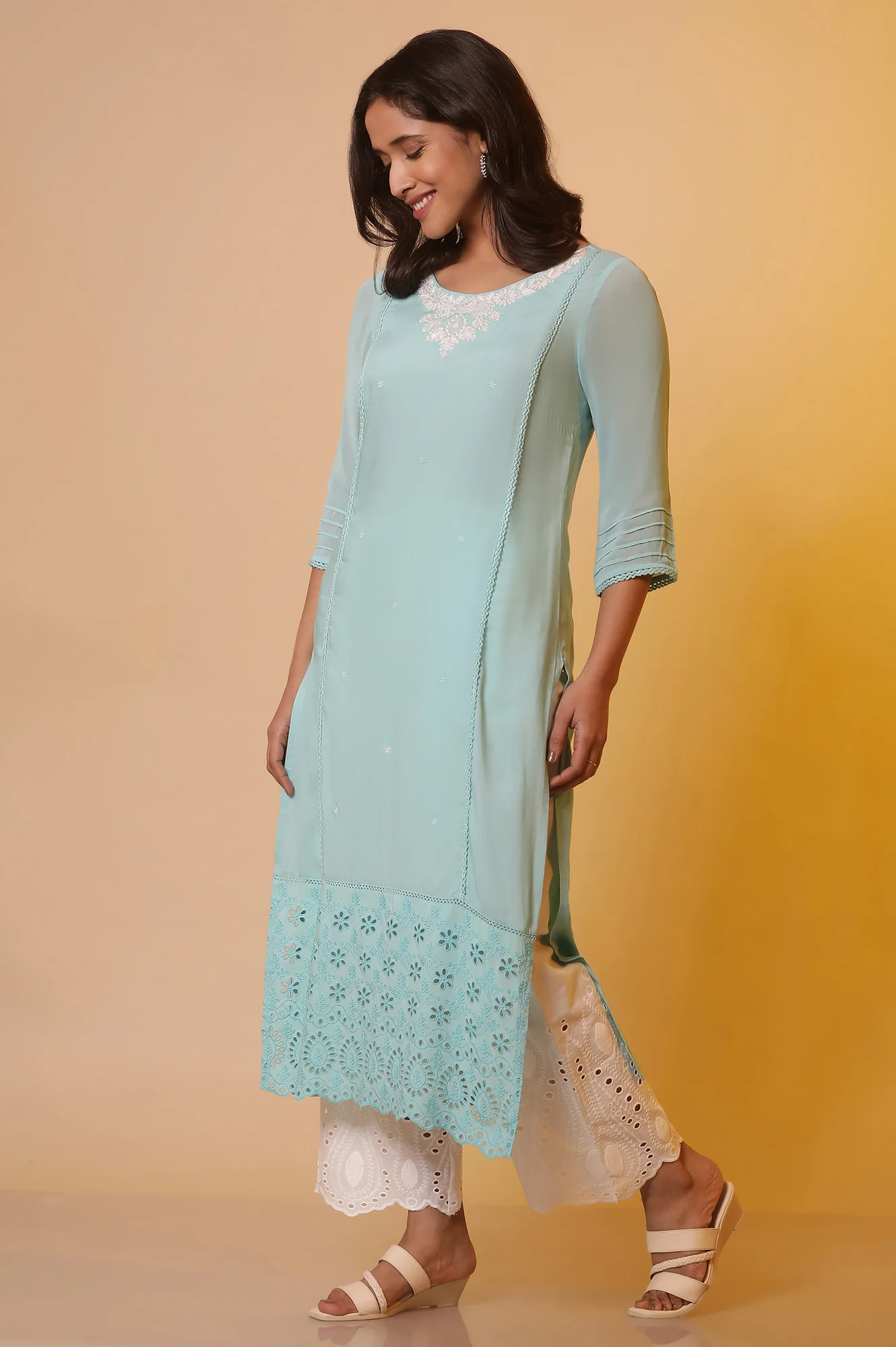 Blue Embroidered Straight Rayon Kurta - Image 3