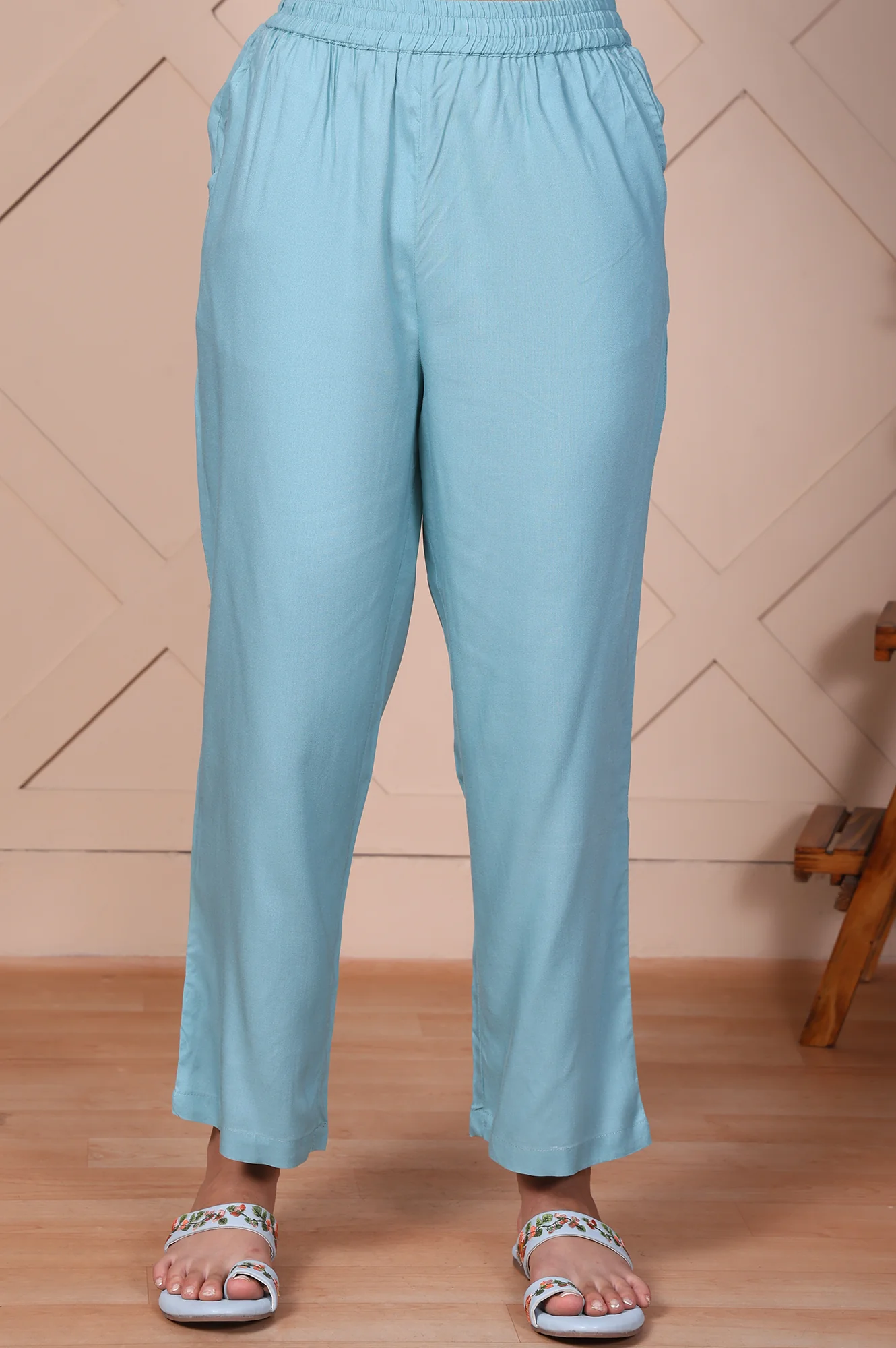 Blue Embroidered Straight Rayon Kurta with Trouser Set - Image 7