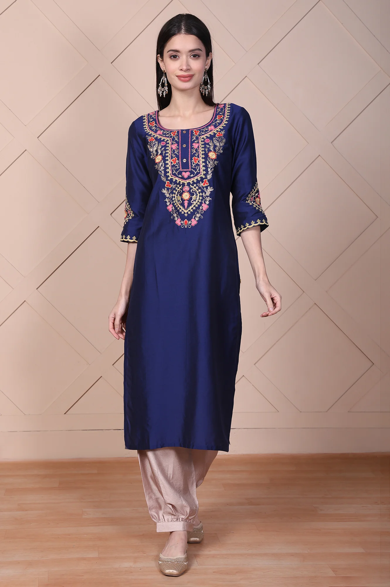 Blue Embroidered Straight Silk Blend Kurta - Image 2