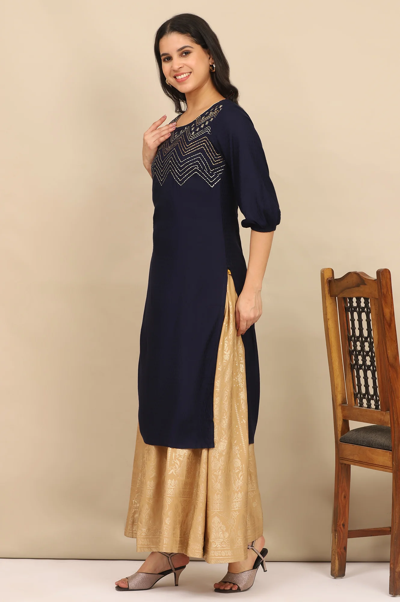 Blue Embroidered Textured Rayon Straight Kurta, Golden Printed Skirt and Dupatta Set - Image 4