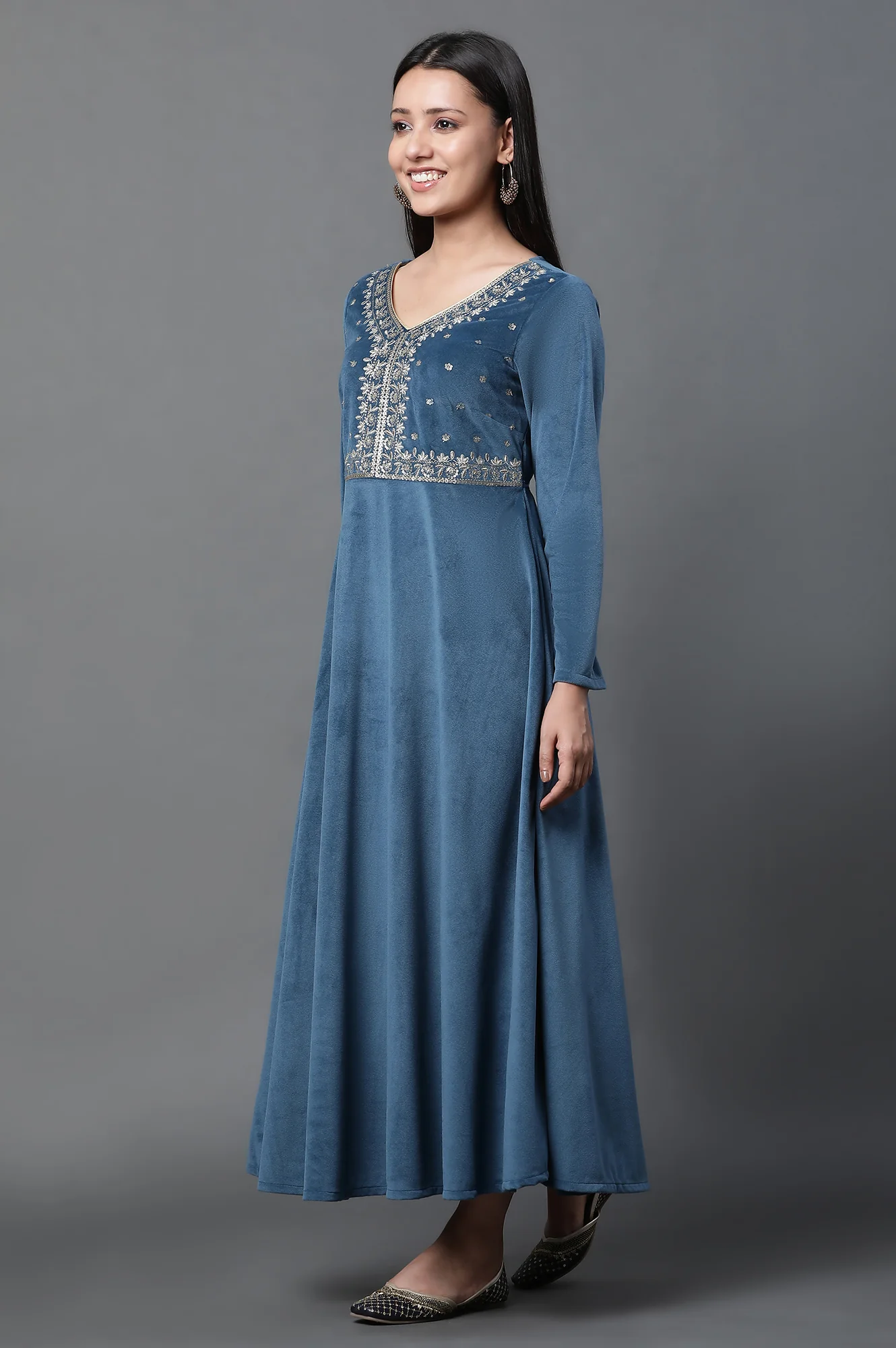 Blue Embroidered Velvet Winter Dress - Image 3