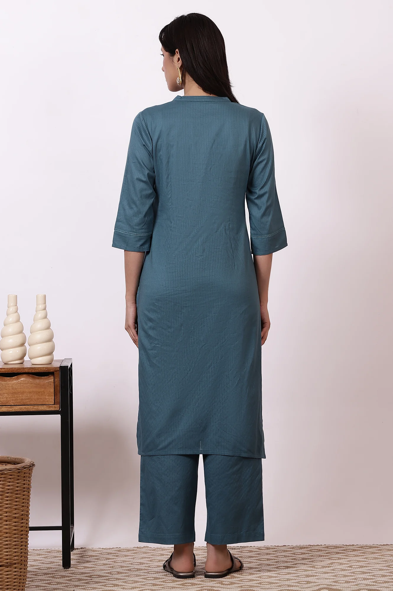 Blue Embroidered Yoke Pure Cotton Straight Kurta and Pants Set - Image 6